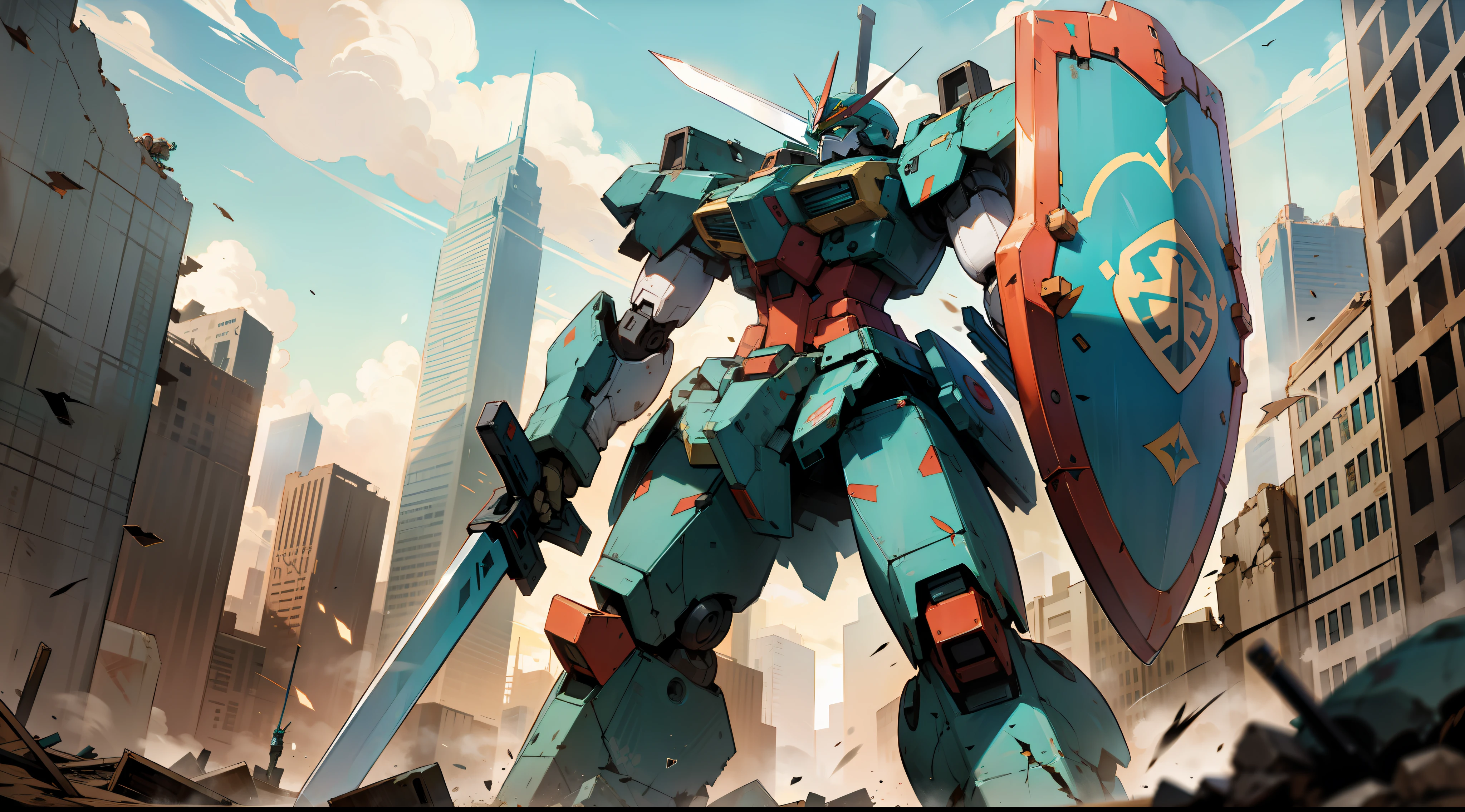a teal mecha giant robot with a sword and a shield, standing, in a destroyed metropolis