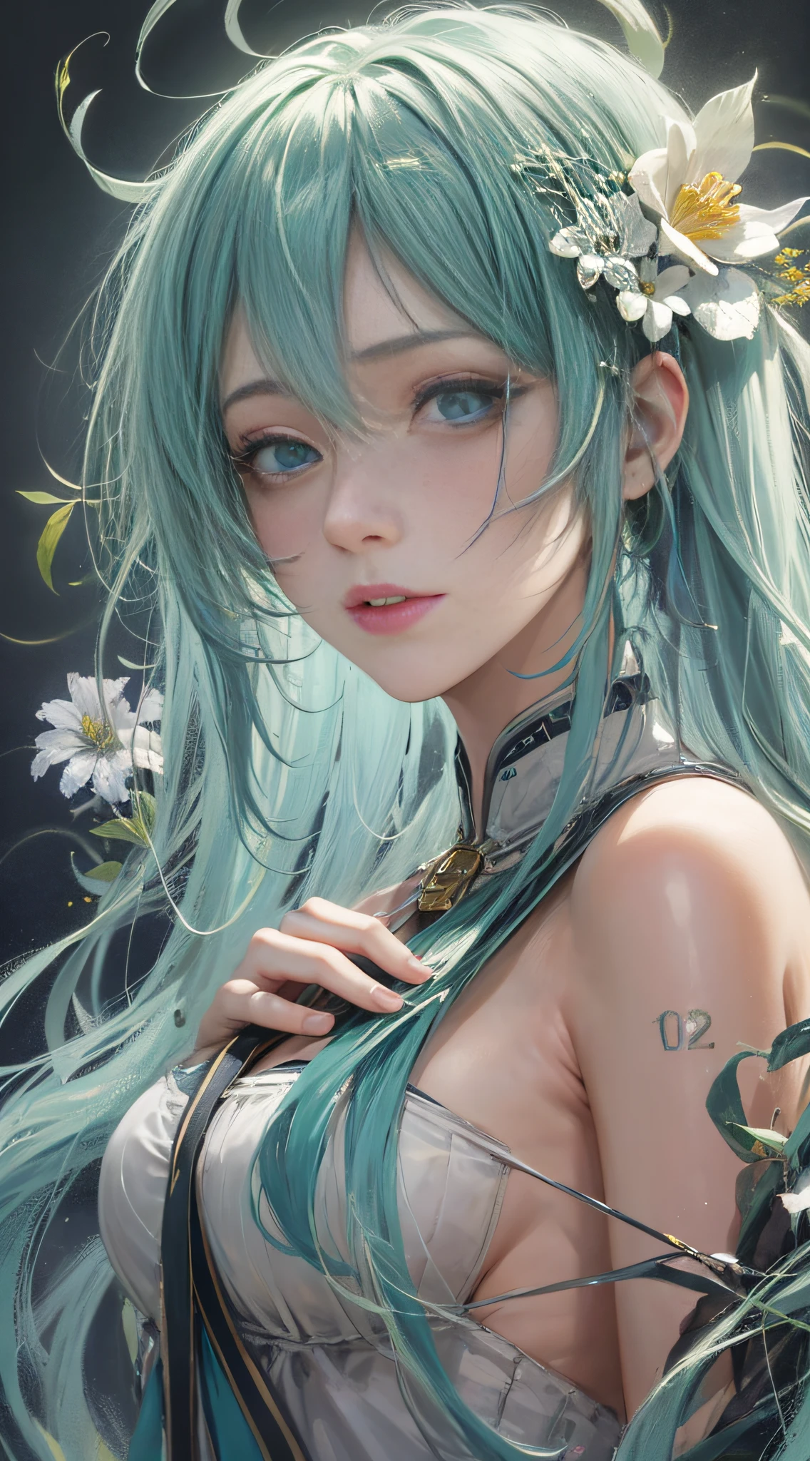 (([Delicate facial features)), (gorgeous rendering), (FHD, 1080P, 2K, 4K, 18K), Masterpiece, Dreamy, Intricate Detail, Studio Photography, Cinematic Light, High Brightness, Depth of Field, Bright, Light, Soft, Colorful, Vibrant, Glowing, Sunny, Bright Vibrant, High-key, Vivid, Depth of Field, 1 Girl, (Hatsune Miku: 1.5), Long Hair, Shiny Hair, Upper Body, Light Particles, Green Glow-in Note Hairpin Flower, Blue Eyes, Glow-in-the-Dark Jewelry, Red tattoo, slippery suspenders, blue hair,