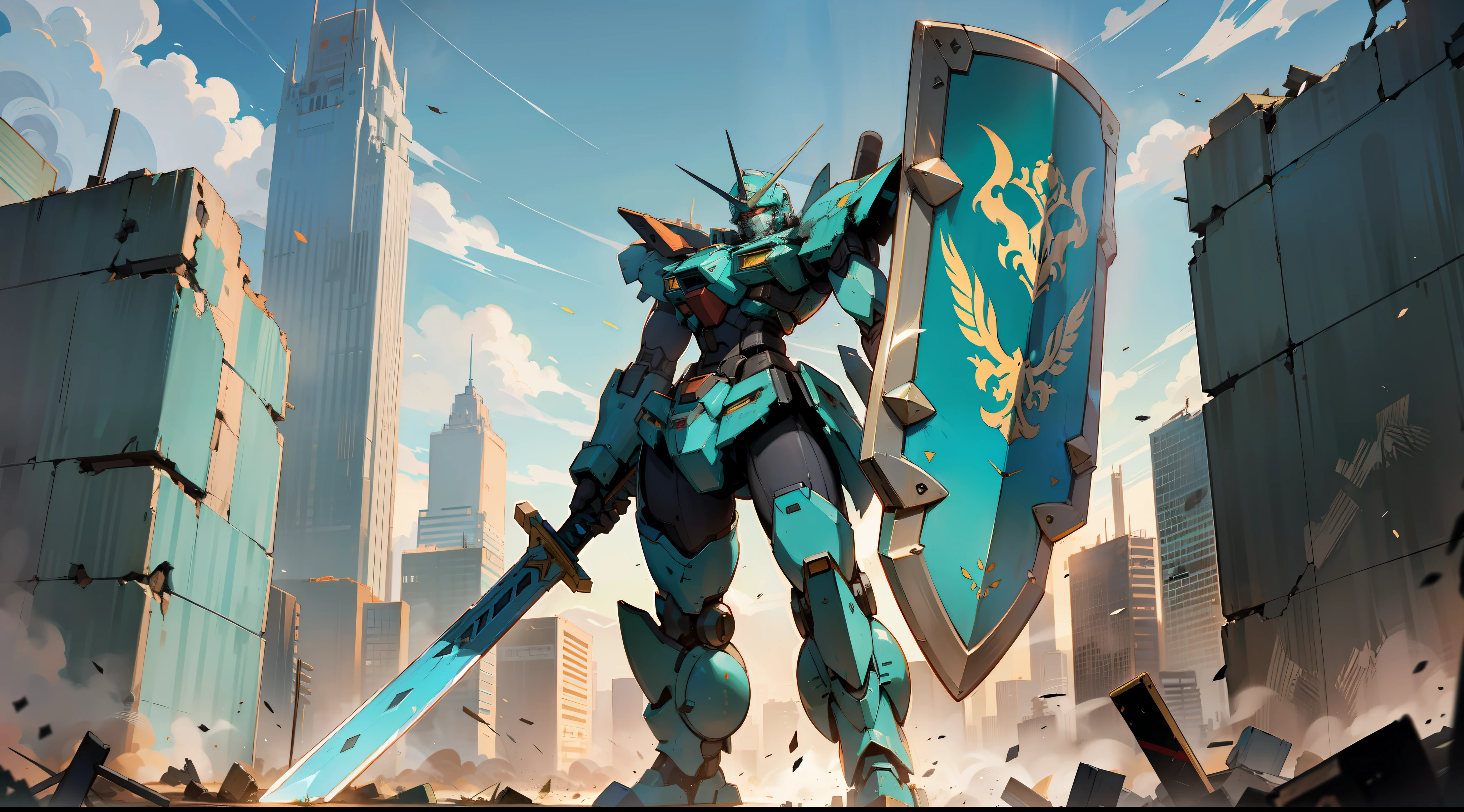 a teal mecha giant robot with a sword and a shield, standing, in a destroyed metropolis