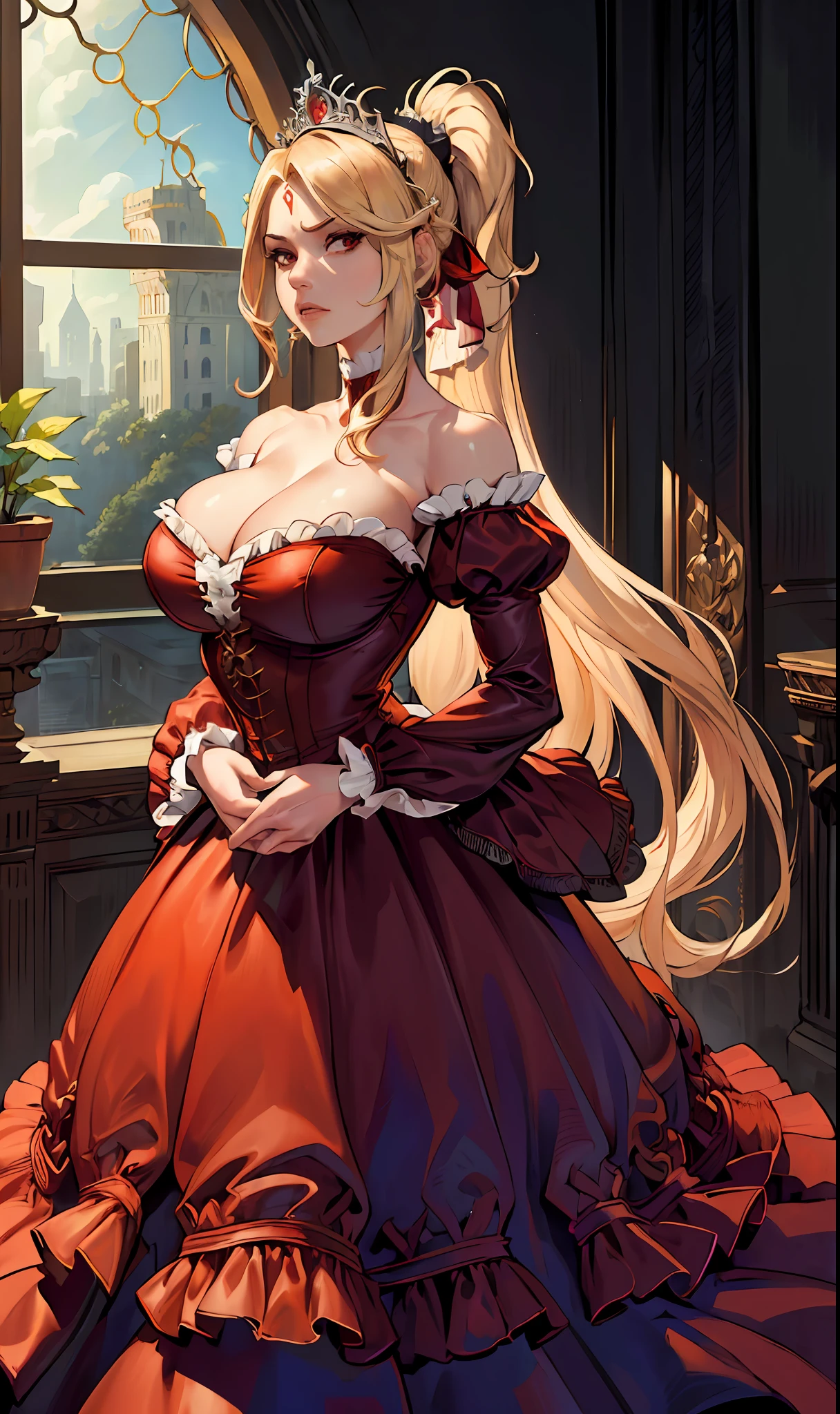 (Masterpiece, Best Quality, High Quality, Highres:1.4), Detailed, Extremely Detailed, Ambient Soft Lighting, 4K, Ornate,

Indoors, (Renaissance, Vintage:1.4), Plants, Window,

1Gril, (Solo:1.4), (Milf:1.2), Standing, Upper Body, (Face Focus:1.2),

(Extremely Detailed Hair:1.2), Blonde Hair, Long Hair, Long Sidelocks, Bangs, (Hair Intakes, High Ponytail:1.4),

Expressionless, Emotionless, (Red Eyes, Glaring, Contempt, Disgust, Looking at Viewer:1.2),

Curvy, Huge Breasts, Skindentation, (Bursting Breasts:1.2), 

(Tiara:1.2), Crown, (Cleavage, Strapless, Red Dress, Frilled Dress, Long Skirt, Puffy Skirt, Puffy Sleeves, Juliet Sleeves, Long Sleeves:1.2), Jewelry,