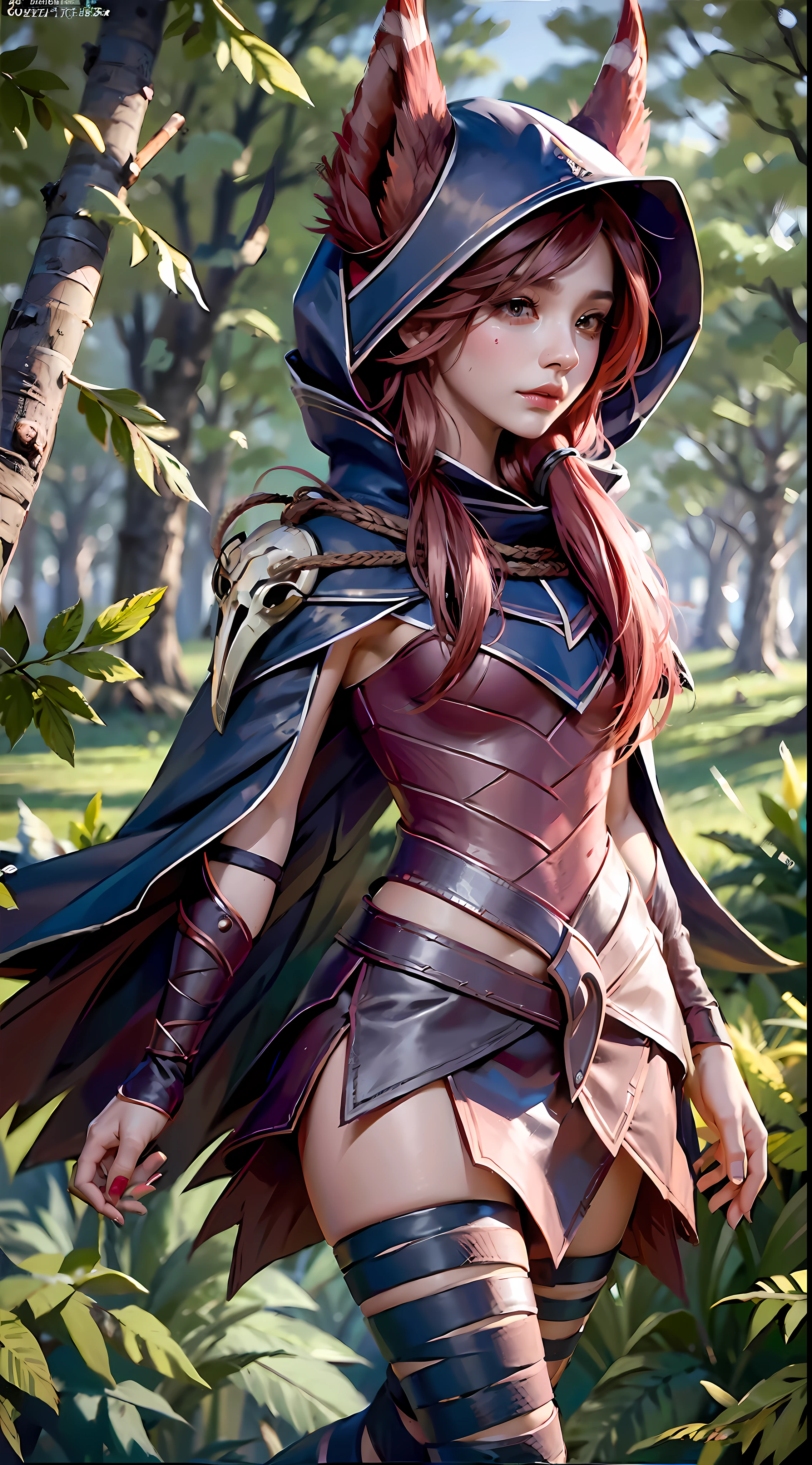 grass, sky, field, league of legends, 1girl, animal ears, bandage legs, long legs, bandage, bandage, bird's legs, bird skull, cape, shut up, ears through headdress, eyes visible through hair, facial markings, feathers, hood, hooded cape, long hair, yellow eyes, red hair, armour, blue shawl, shawl, shawl, shawl, shawl long hair, hooded shawl, red dress, dress, nose ring, nostrils