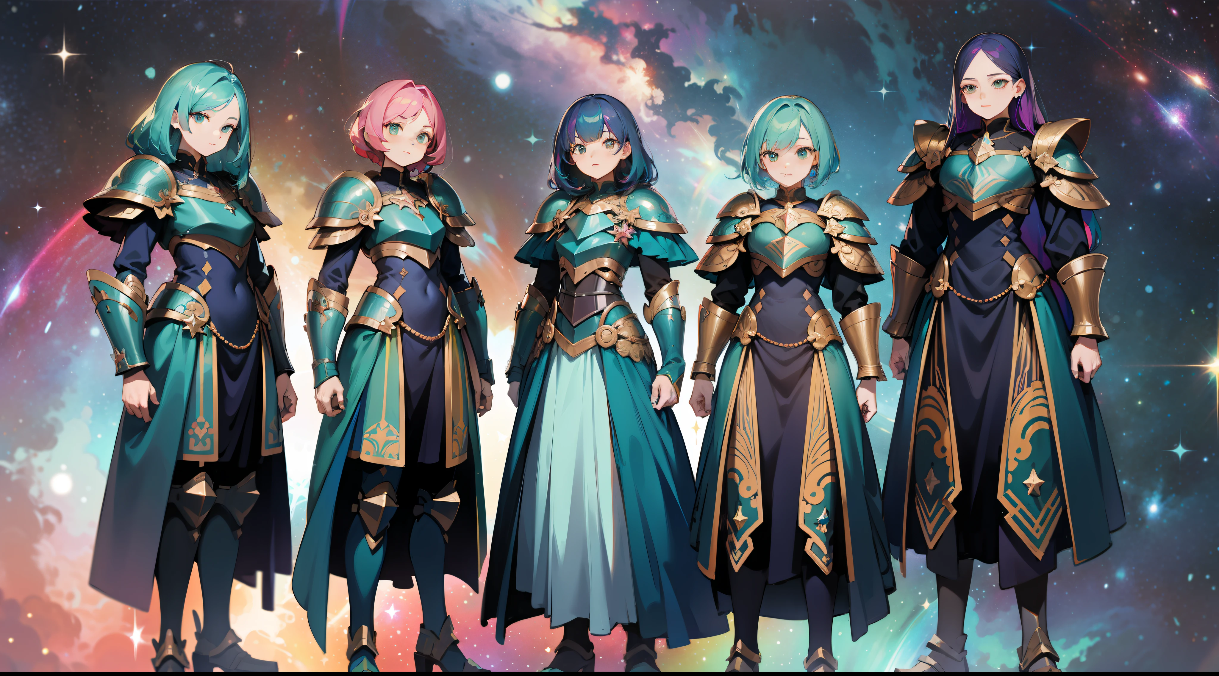 a group of women with rainbow colored hair and detailed teal dress armor, standing, rainbow colored cosmic nebula background, stars, galaxies, intricate details, perfect face