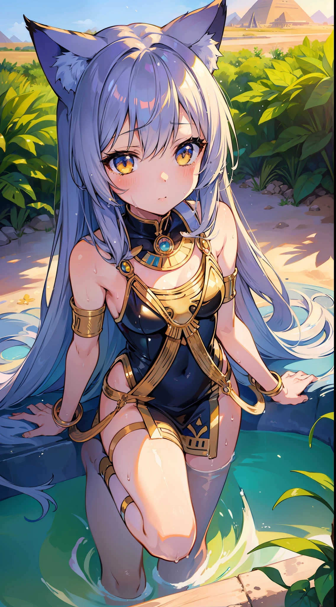 Masterpiece, top quality anime illustration, super detailed, one girl, solo focus, beautiful girl with silver hair cat ears, anime , cat ears loliigh emphasis, bastet costume, egyptian mythology, bathing in desert oasis, wet sheer