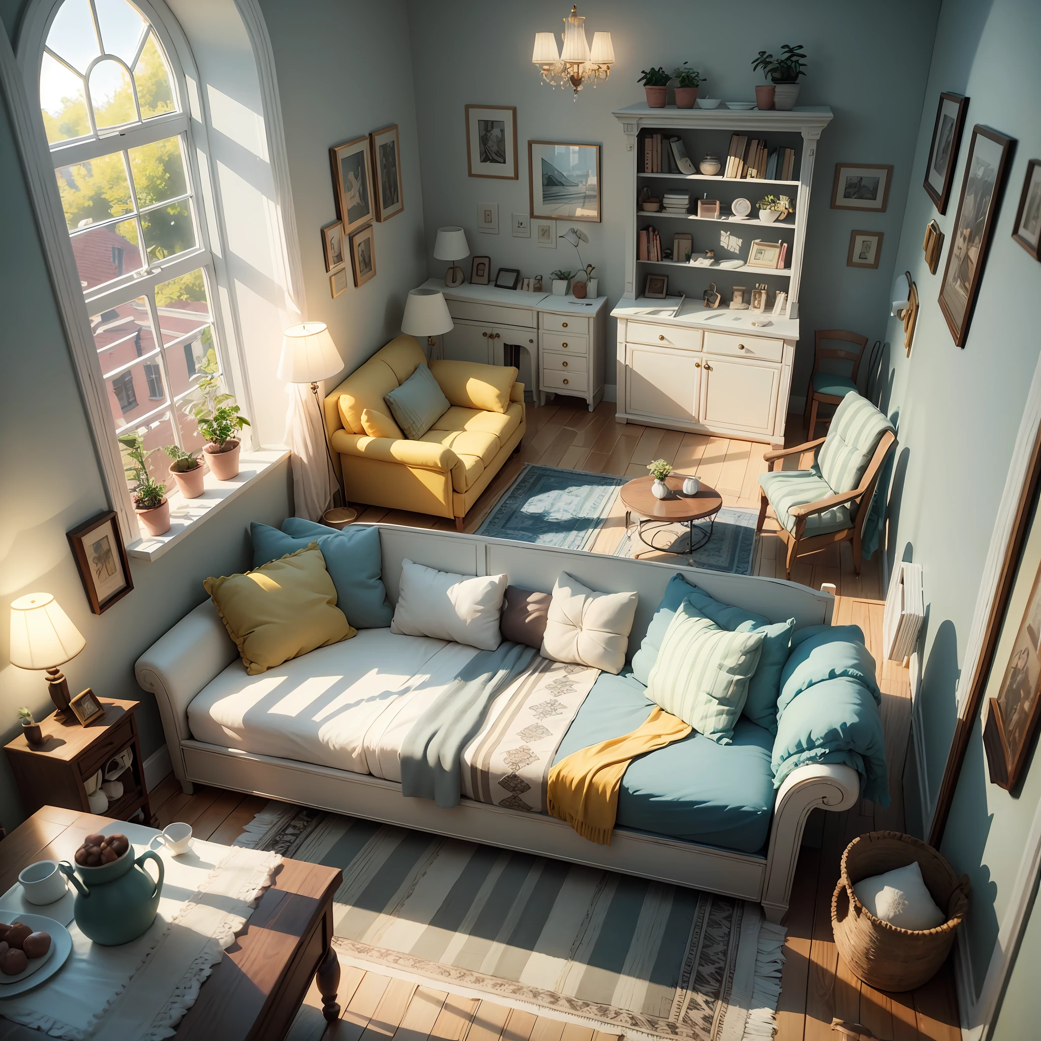 insanely detailed dollhouse, cozy bedroom, cute 3d render, attractive lights and shadows, white and yellow cushions, architecture, furniture, indoors, building, living room, room, rug, plants, home decoration, sofa, chair, interior design --auto --s2