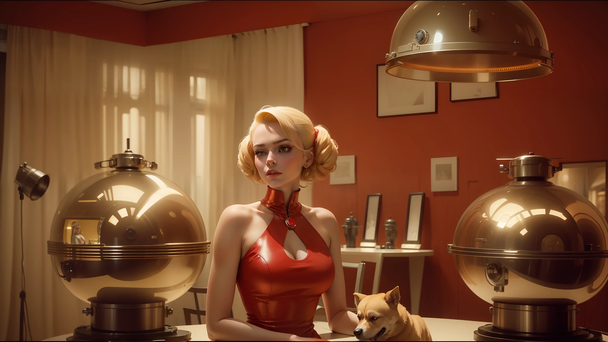 blond haired woman in red dress standing in front of a table with a dog, shot on arri alexa, as a retro futuristic heroine, inspired by Mark Ryden, rendering of beauty pageant, brown buzzcut, syndicate(2012), futuristic cloning facility, radios, panavision --auto --s2