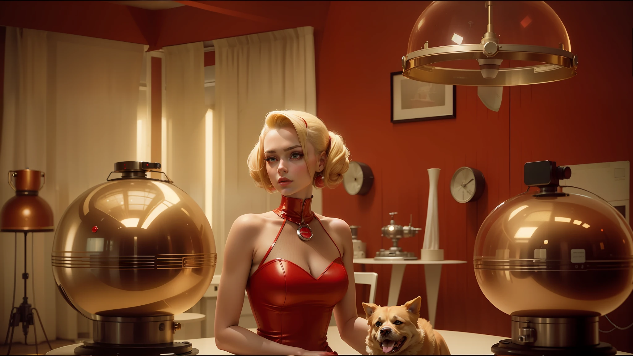 blond haired woman in red dress standing in front of a table with a dog, shot on arri alexa, as a retro futuristic heroine, inspired by Mark Ryden, rendering of beauty pageant, brown buzzcut, syndicate(2012), futuristic cloning facility, radios, panavision --auto --s2