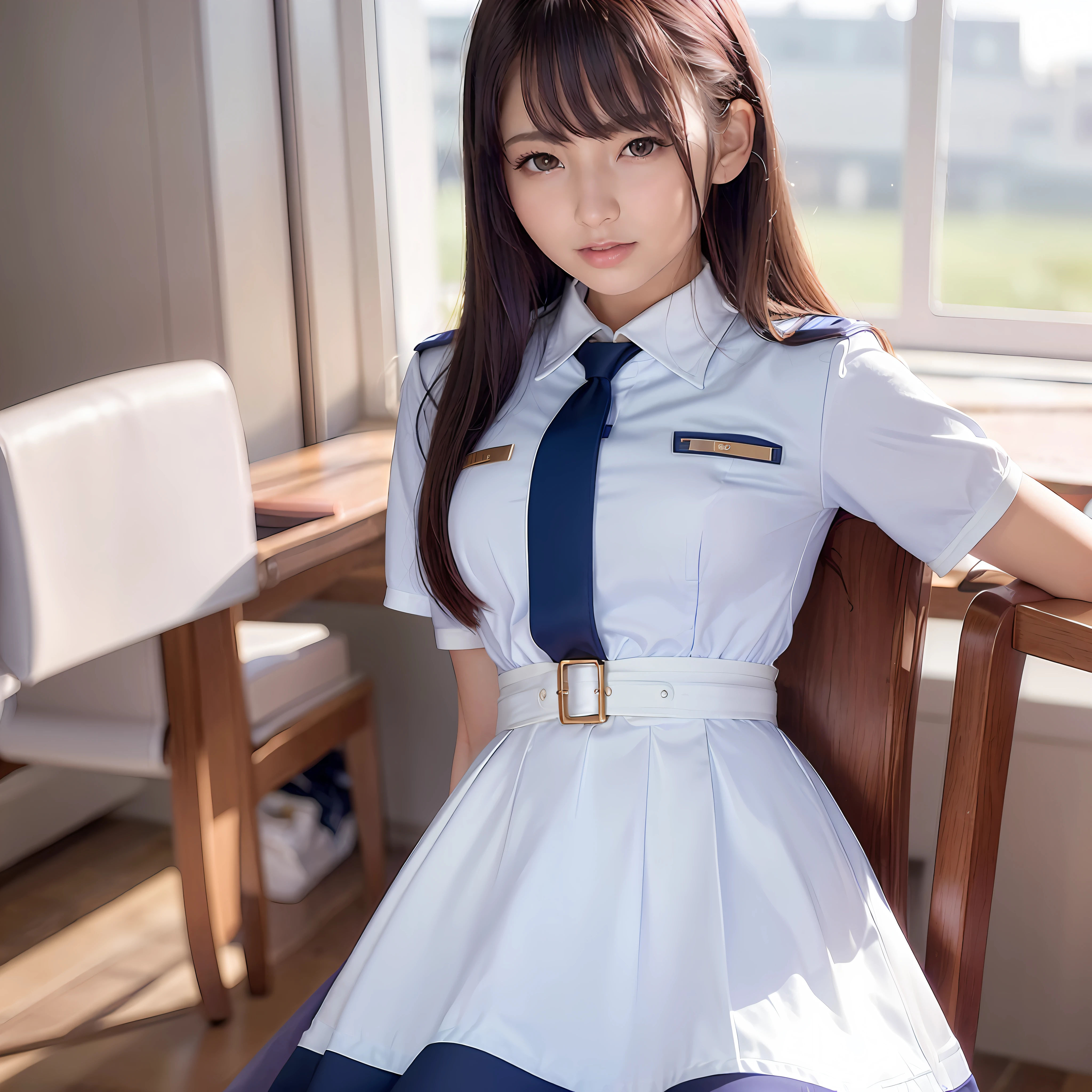 8K, Best Quality, 1girl, (skindentation), Morning, (Bright), Blurred background, Indoors, (Street:0.6), (People), Beautiful Bangs, Gorgeous,, (Dress, Uniform:1.3),Soft Lighting, Attractive, Classroom,School, Desk,Chair ,White Light, (closed mouth:1.2, beautiful eyes, detailed eyes, detailed iris, beautiful lips, beautiful nose, beautiful face)