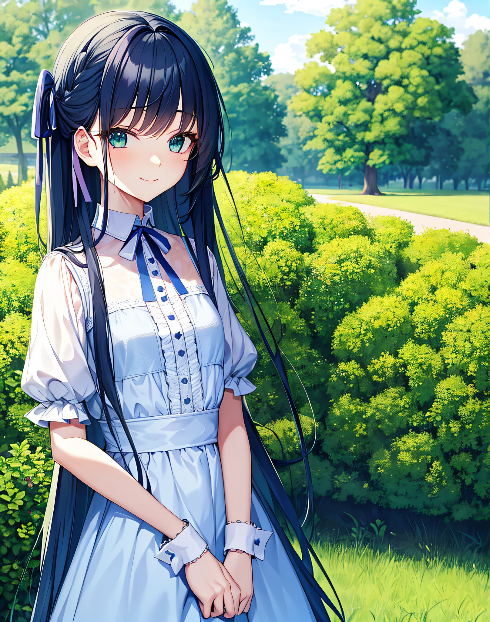 masterpiece, park, blue sky, thin hair, long hair, long eyelashes, green eyes, smile, ribbon in hair, gentle expression, bangs bangs bangs, lolita fashion