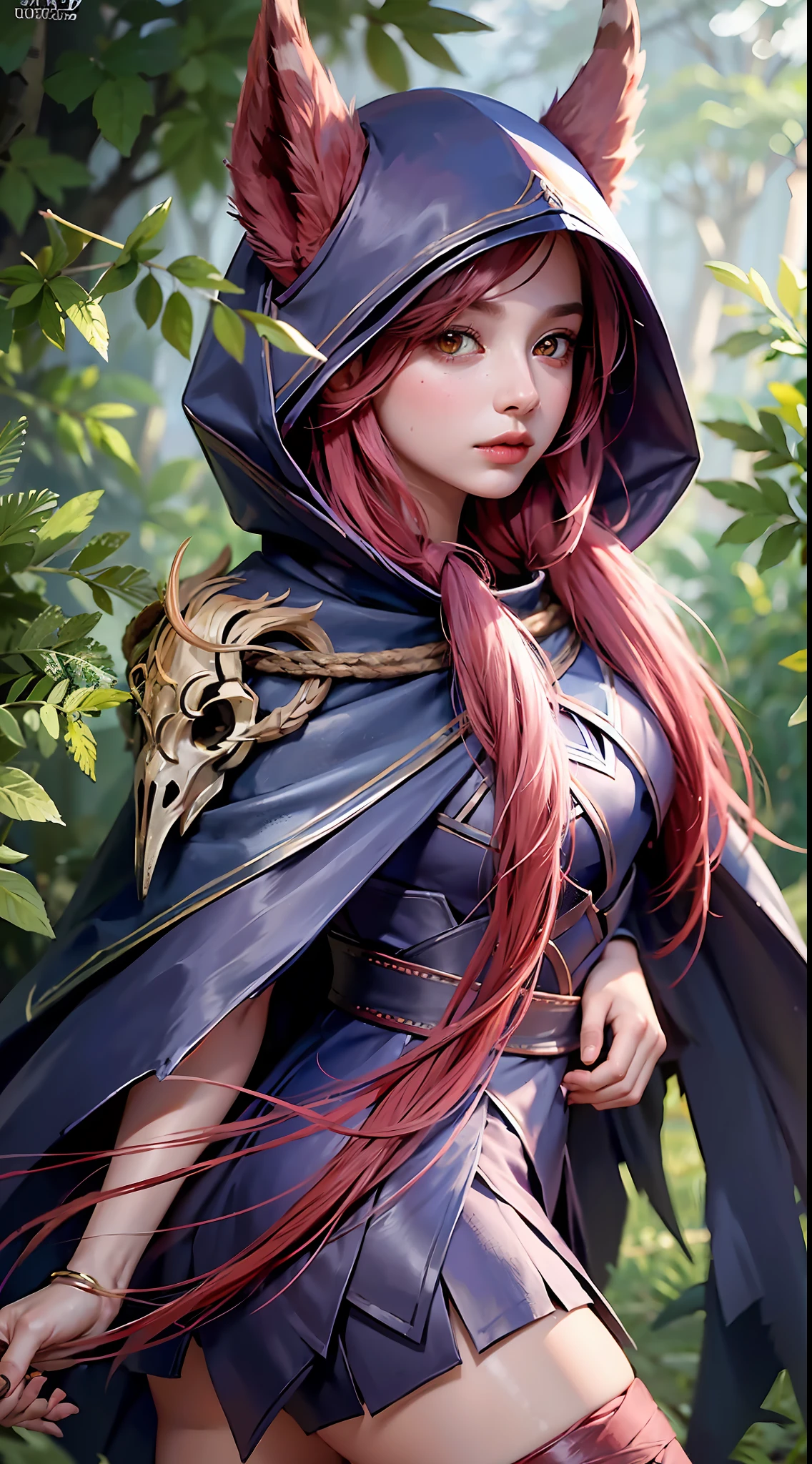 grass, sky, field, league of legends, 1girl, animal ears, bandage legs, long legs, bandage, bandage, bird's legs, bird skull, cape, shut up, ears through headdress, eyes visible through hair, facial markings, feathers, hood, hooded cape, long hair, yellow eyes, red hair, armour, blue shawl, shawl, shawl, shawl, shawl long hair, hooded shawl, red dress, dress, nose ring, nostrils