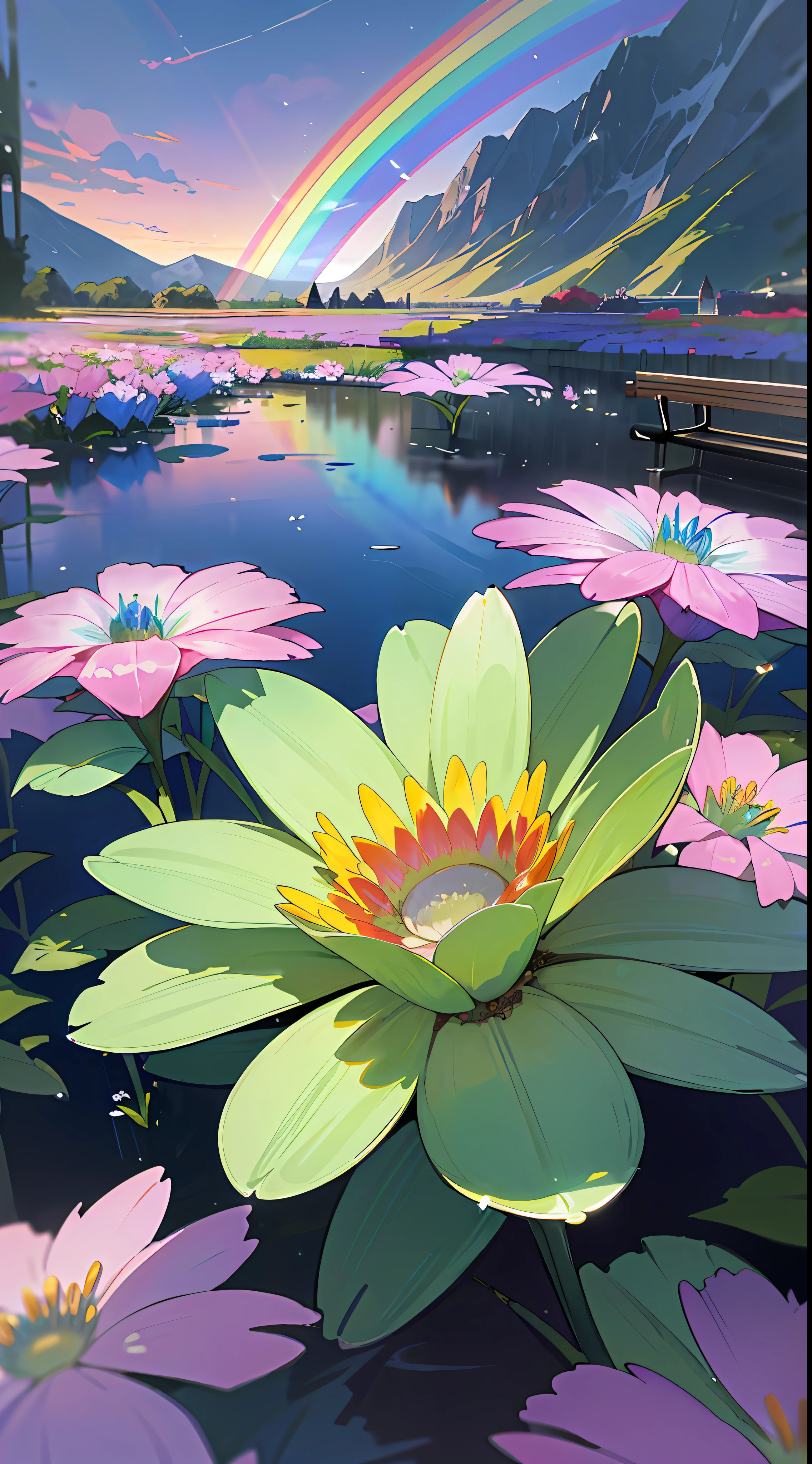 masterpiece, absurdres, flowers in the foreground with a very closeup detailed flower, surreal atmosphere, bench made out of glass in the background reflecting rainbow-like light, water in the background with a mountain in the far background, eyegasm, colorful at places, immensely breathtaking