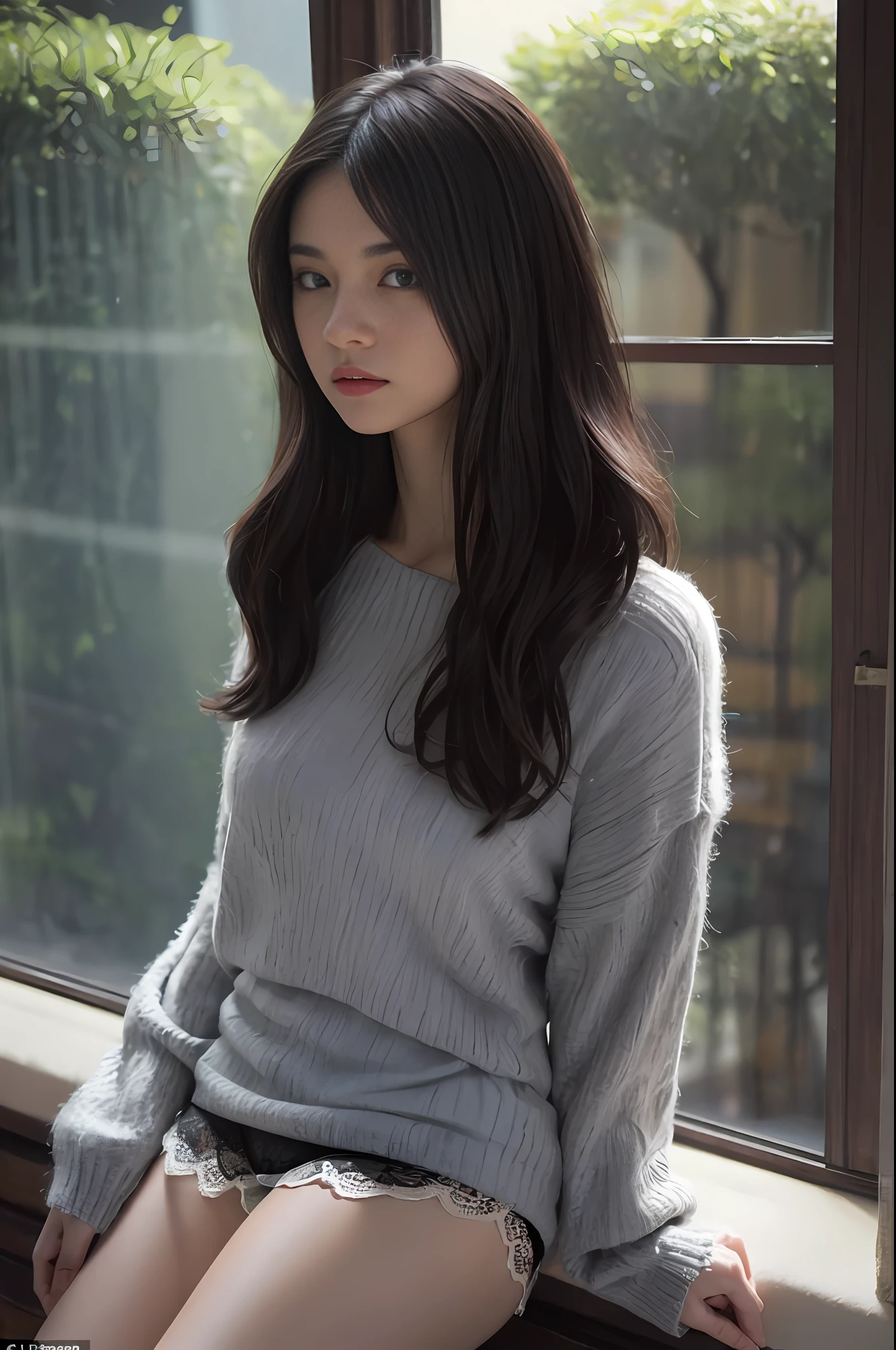 ((Top Quality, 8k, Masterpiece: 1.3)), 18 year old girl, (Slender: 1.1), Sexy, Dark Brown Long Hair, (Big Gray Mohair Sweater), ((Black lace Panties)),look back, Window, (Backlit: 1.2), Ultra Detailed Face, Detailed Lips, Detailed Eyes, Double Eyelids, ((Back View)), ((beautifulass: 1.2))