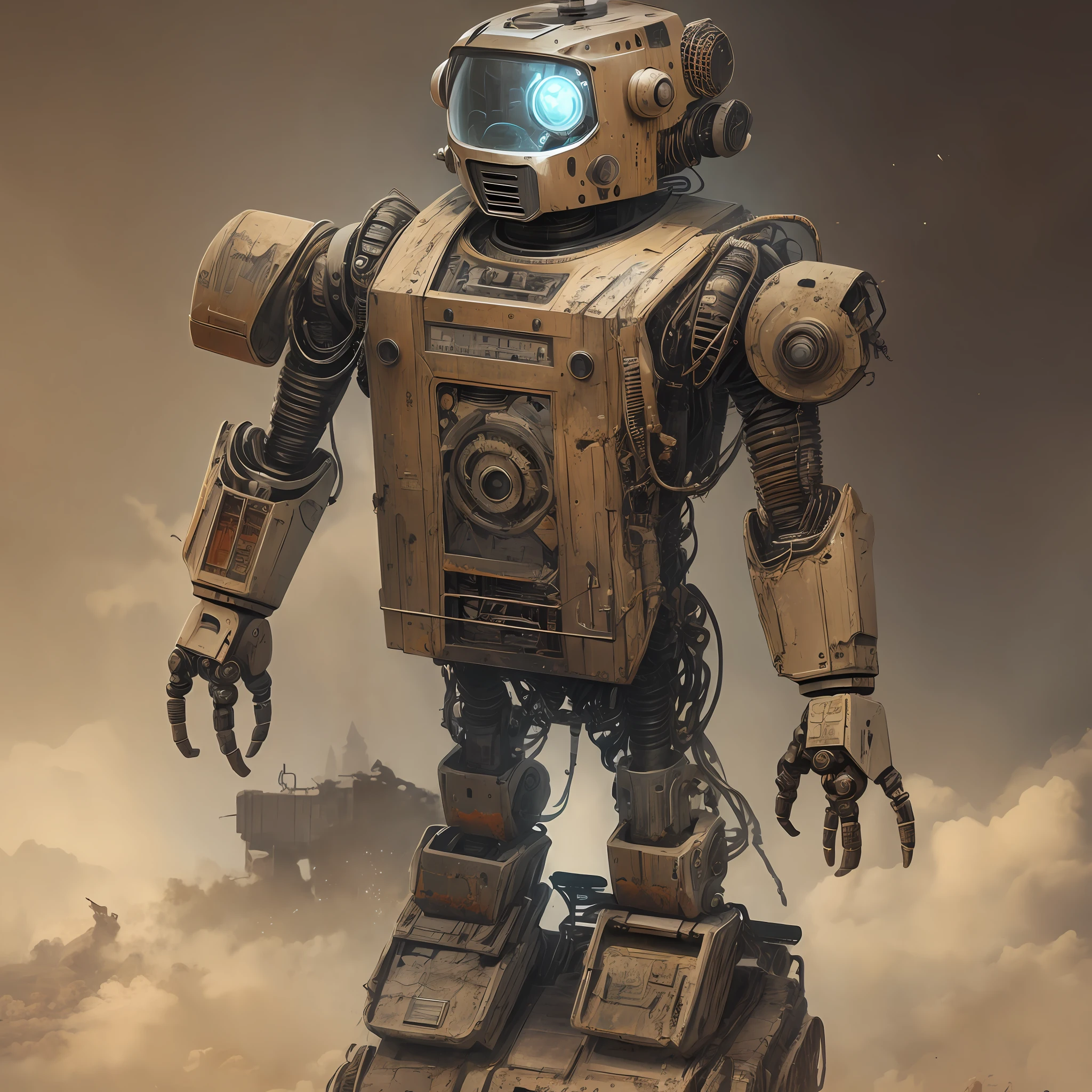 A vintage robot exploring a post-apocalypse environment, realism, weathered details, 3:2 --auto --s2