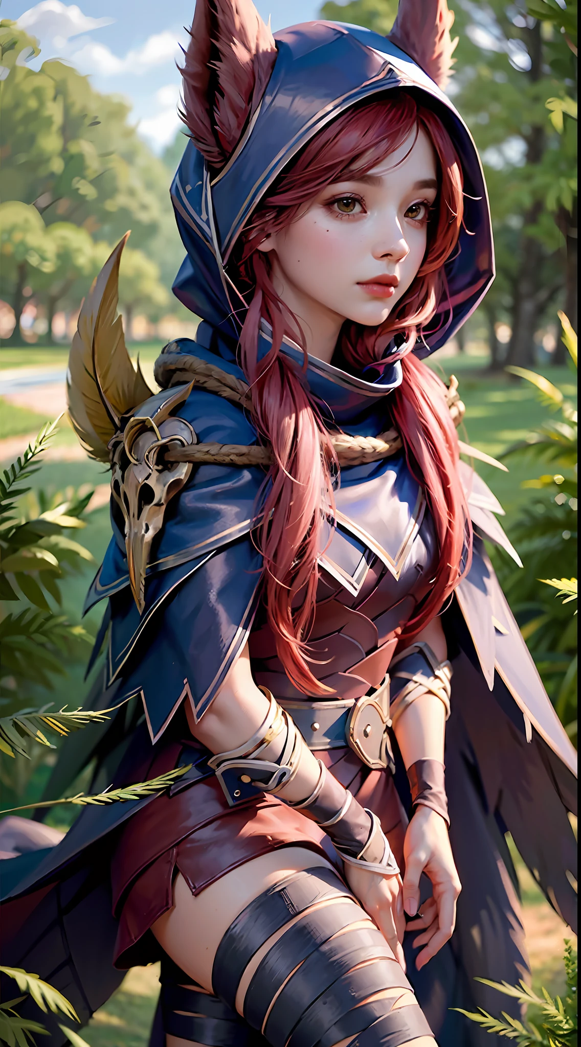 grass, sky, field, league of legends, 1girl, animal ears, bandage legs, long legs, bandage, bandage, bird's legs, bird skull, cape, shut up, ears through headdress, eyes visible through hair, facial markings, feathers, hood, hooded cape, long hair, yellow eyes, red hair, armour, blue shawl, shawl, shawl, shawl, shawl long hair, hooded shawl, red dress, dress, nose ring, nostrils