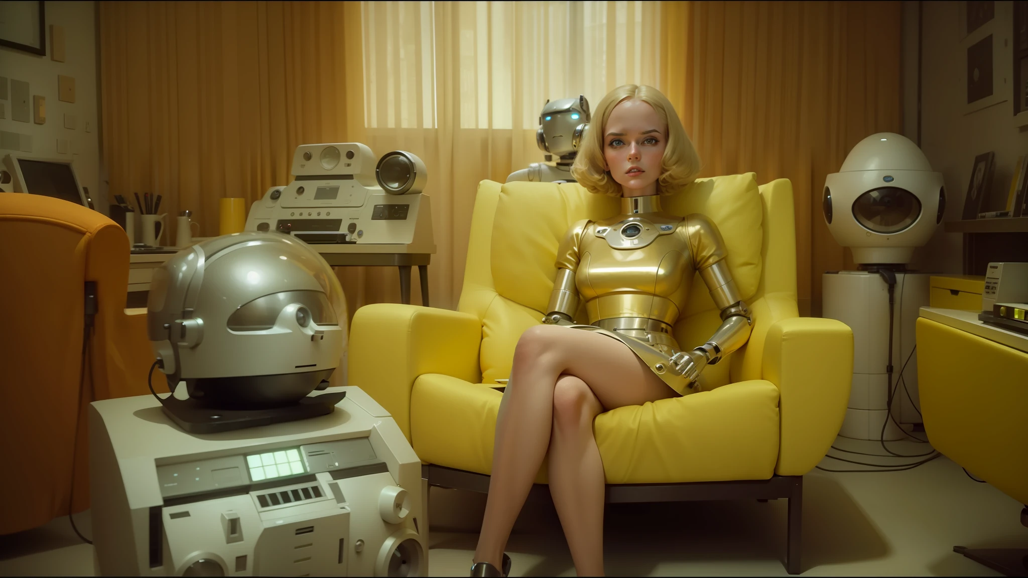 blond woman sitting in a yellow chair with a dog on a table, retrofuturistic depressing, roger deakin ’ s cinematography, room full of computers, anthropomorphic _ humanoid, inspired by Herbert Bayer, radios, still from l'estate, portrait of a teen robot, ffffound --auto --s2