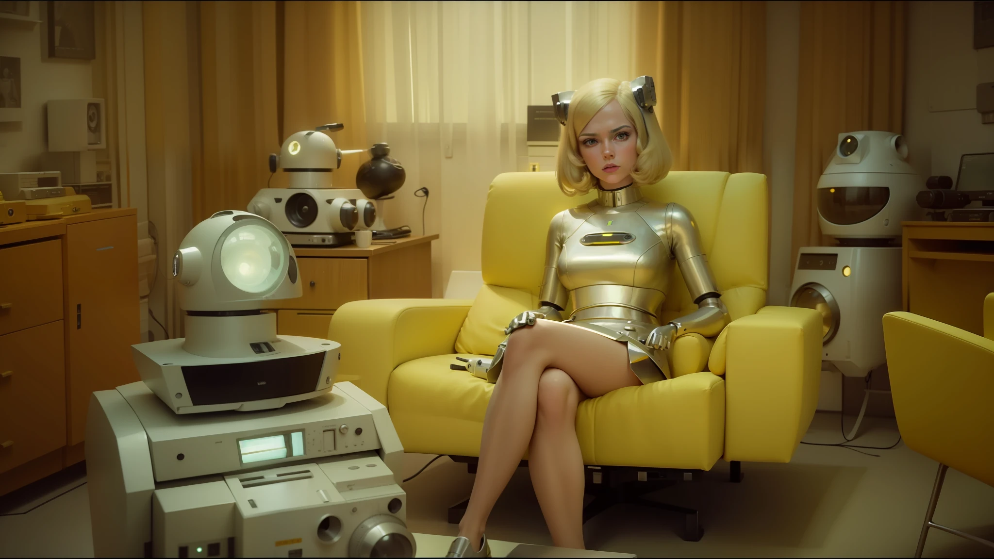 blond woman sitting in a yellow chair with a dog on a table, retrofuturistic depressing, roger deakin ’ s cinematography, room full of computers, anthropomorphic _ humanoid, inspired by Herbert Bayer, radios, still from l'estate, portrait of a teen robot, ffffound --auto --s2
