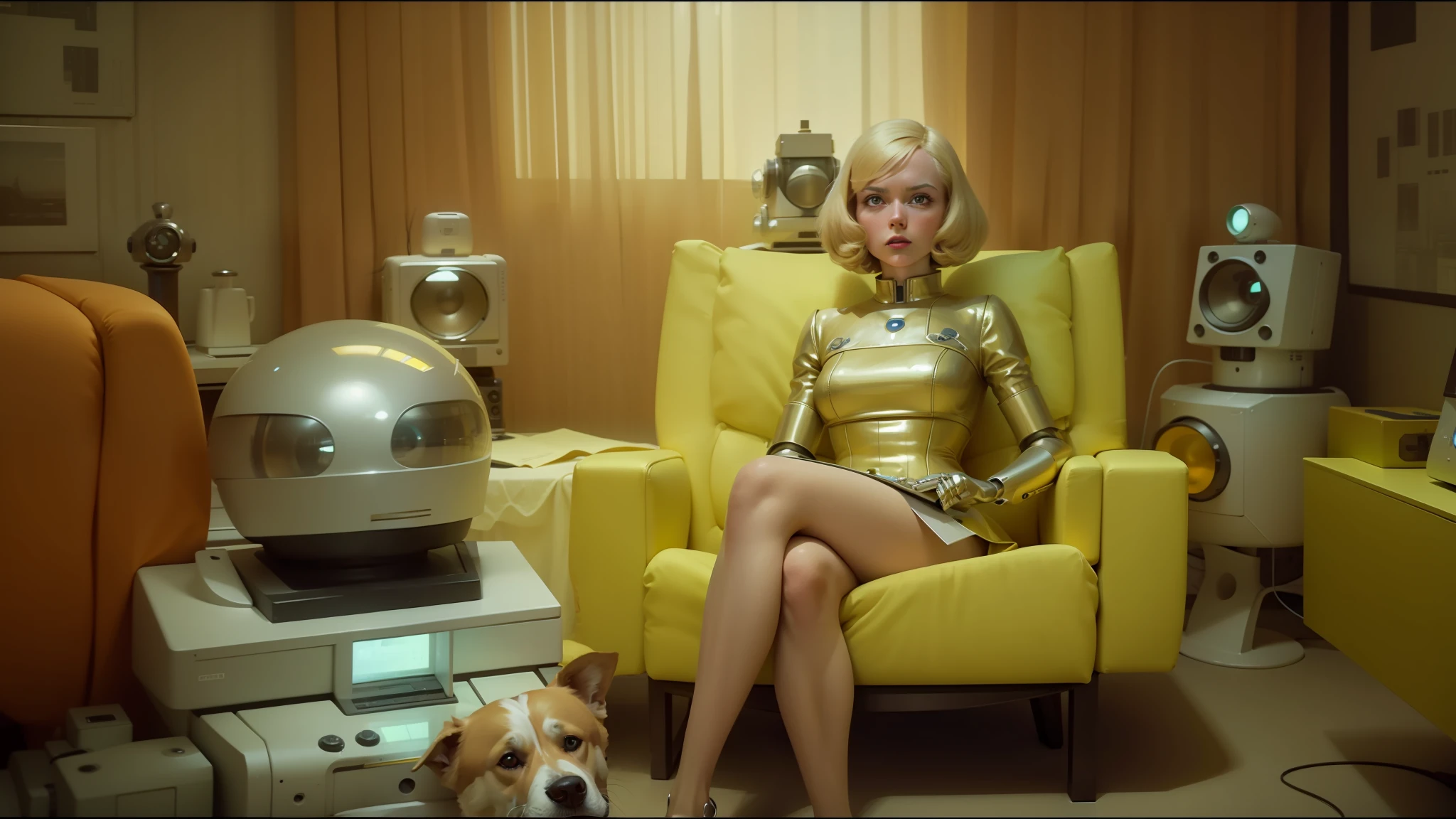blond woman sitting in a yellow chair with a dog on a table, retrofuturistic depressing, roger deakin ’ s cinematography, room full of computers, anthropomorphic _ humanoid, inspired by Herbert Bayer, radios, still from l'estate, portrait of a teen robot, ffffound --auto --s2