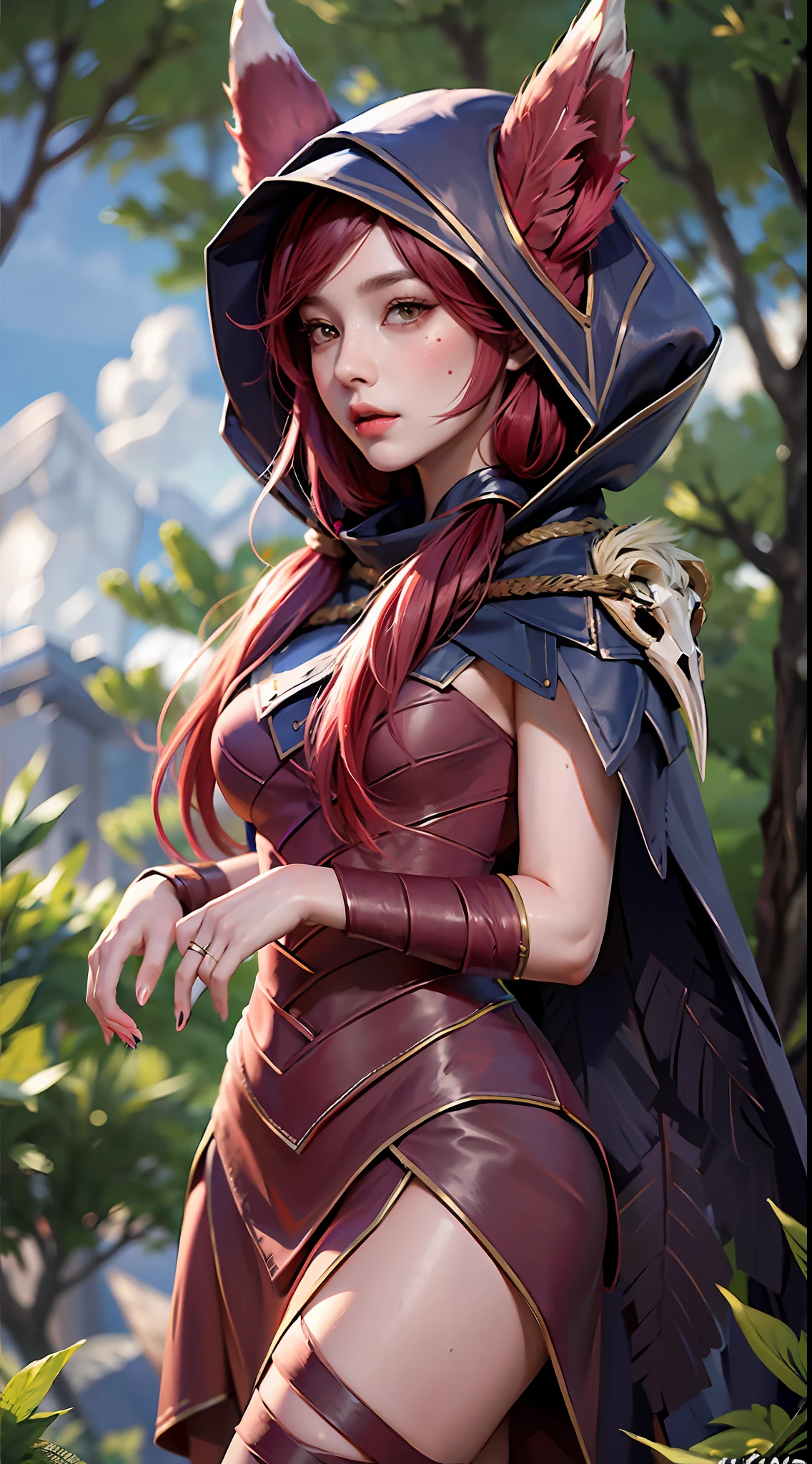 grass, sky, field, league of legends, 1girl, animal ears, bandage legs, long legs, bandage, bandage, bird's legs, bird skull, cape, shut up, ears through headdress, eyes visible through hair, facial markings, feathers, hood, hooded cape, long hair, yellow eyes, red hair, armour, blue shawl, shawl, shawl, shawl, shawl long hair, hooded shawl, red dress, dress, nose ring, nostrils