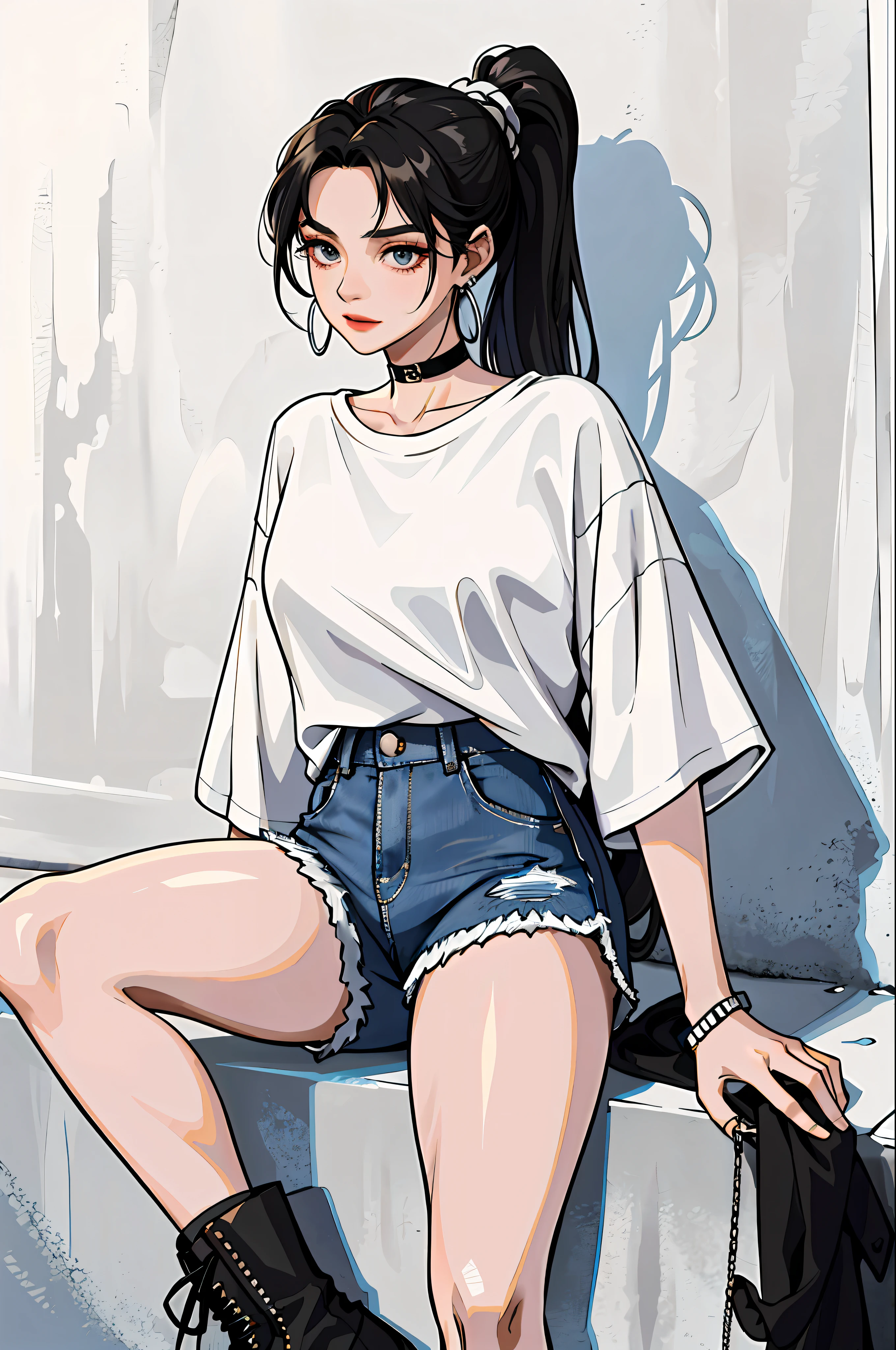 (Masterpiece: 1.2, highest quality), (1 Lady, Solo, Upper Body: 1.2), Hair: Ponytail, Clothing: Oversized white T-shirt, black skinny jeans and combat boots combination, Accessories: Silver hoop earrings, hanging out at underground music venues and street art exhibits