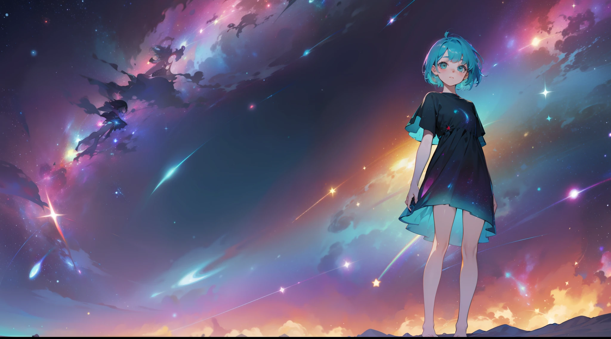 a girl, wildly rainbow colored short hair, dark fantasy, teal simple and short dress, barefoot, standing, cosmic nebula background, stars, galaxies
