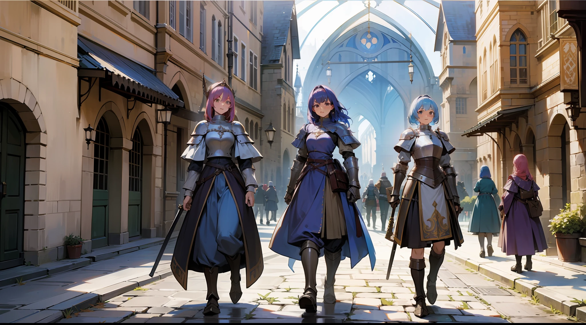 a group of women with colored hair and detailed medieval paladin dress armor, standing, medieval city with castle background