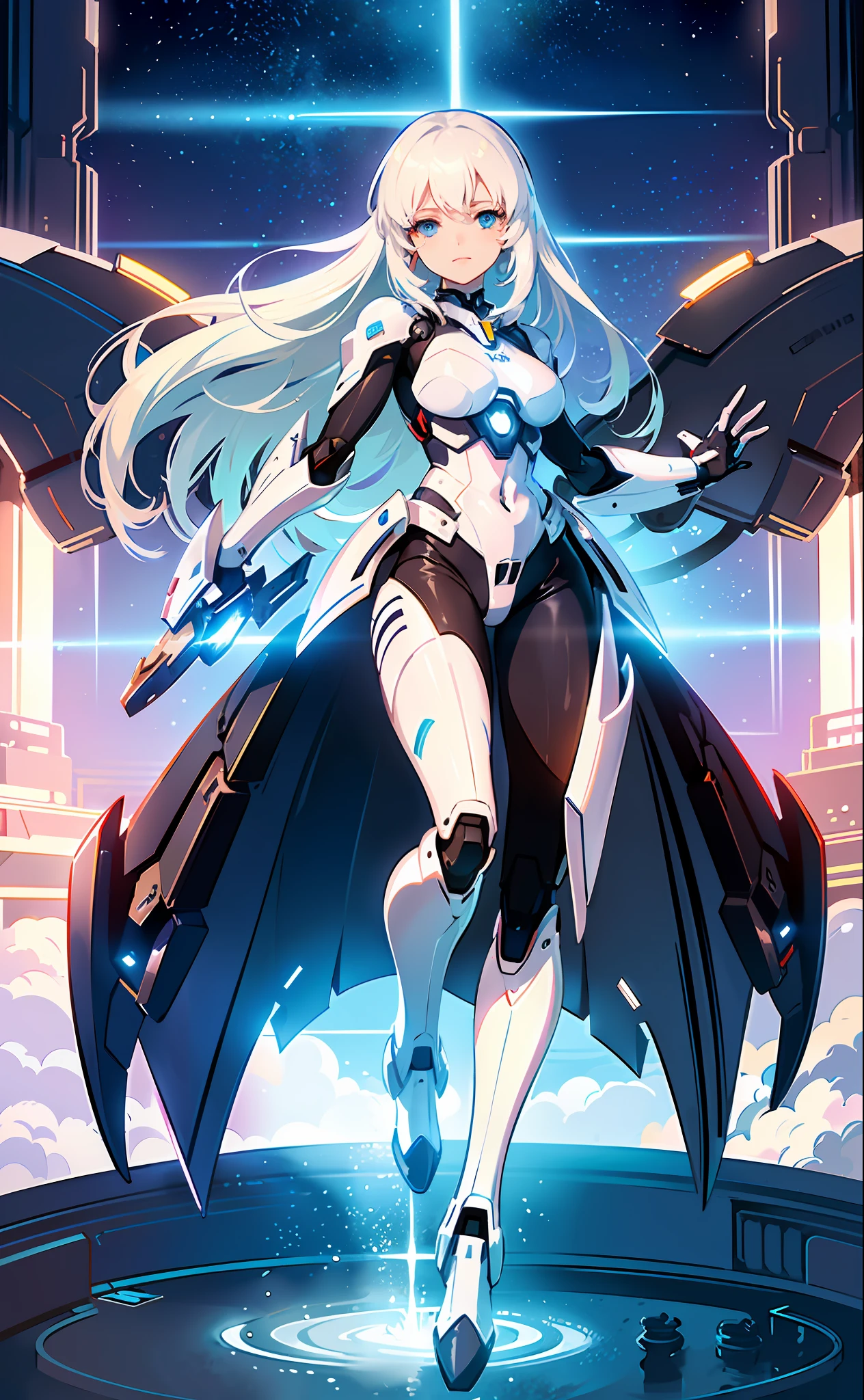 (futuristic, ultra-detailed and ultra-realistic, full-body mecha girl),(confidently gazing right at you,blue-eyed and white-haired),(1girl),(dynamic pose),(high resolution),(floating in the air),(emitting bright light),(multiple light sources),(industrial setting),(masterpiece quality), dramatic lighting, unreal engine, futuristic background,