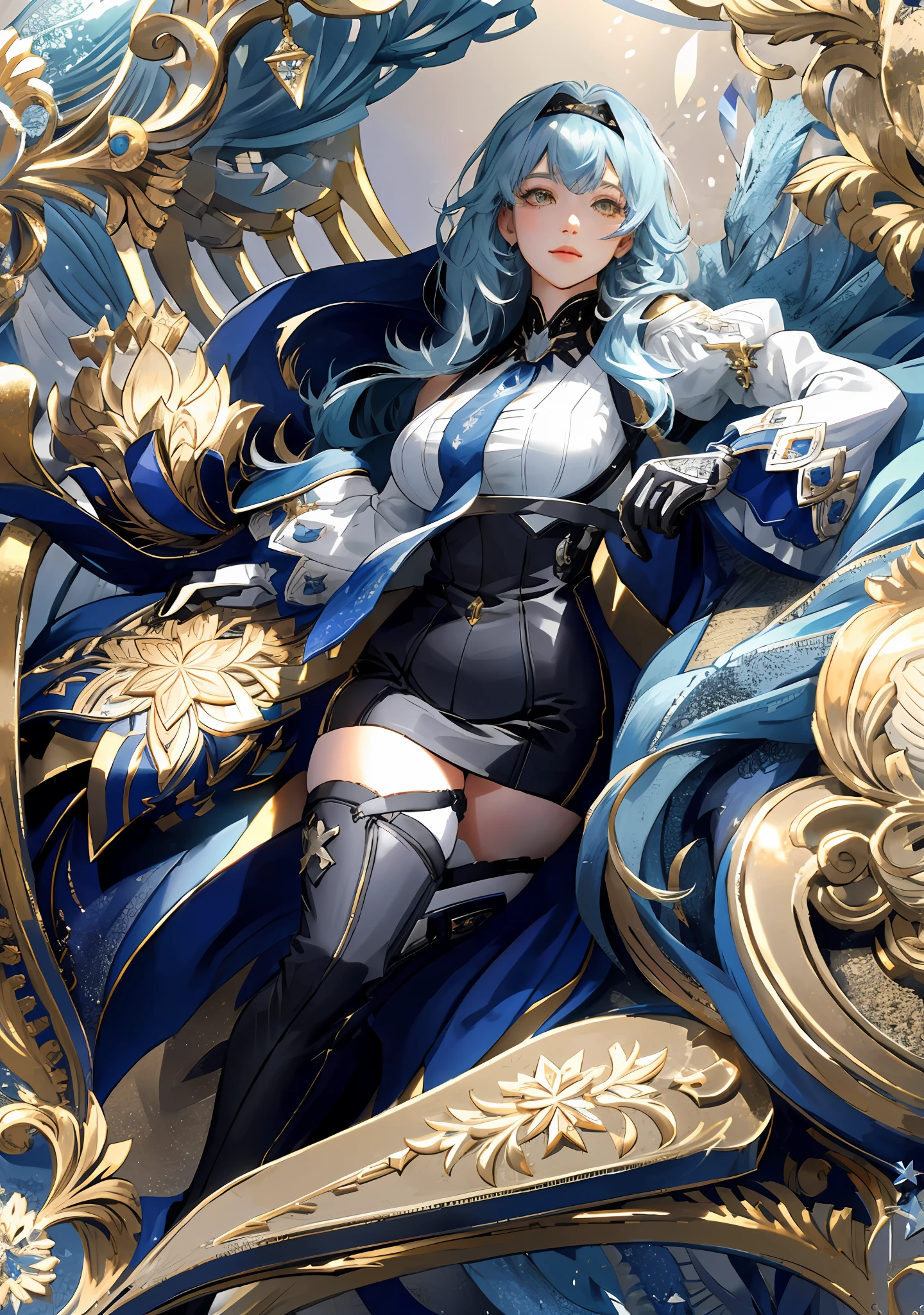 masterpiece, super detail, high quality, high resolution, high detail, face detail, ((masterpiece, best quality)), (1girl),((mature female)), lightblue hair,thighhighs, hairband, thighs, long sleeves, gloves, bangs, dark golden yellow eyes,  leotard, hair ornament, black hairband, black thighhighs, blue necktie, (large breasts:1.2), (busty),armpits, tying hair,curvy,cleavage,confident, [wide hips], royal background, short light blue hair, both hands down, hands on hips
