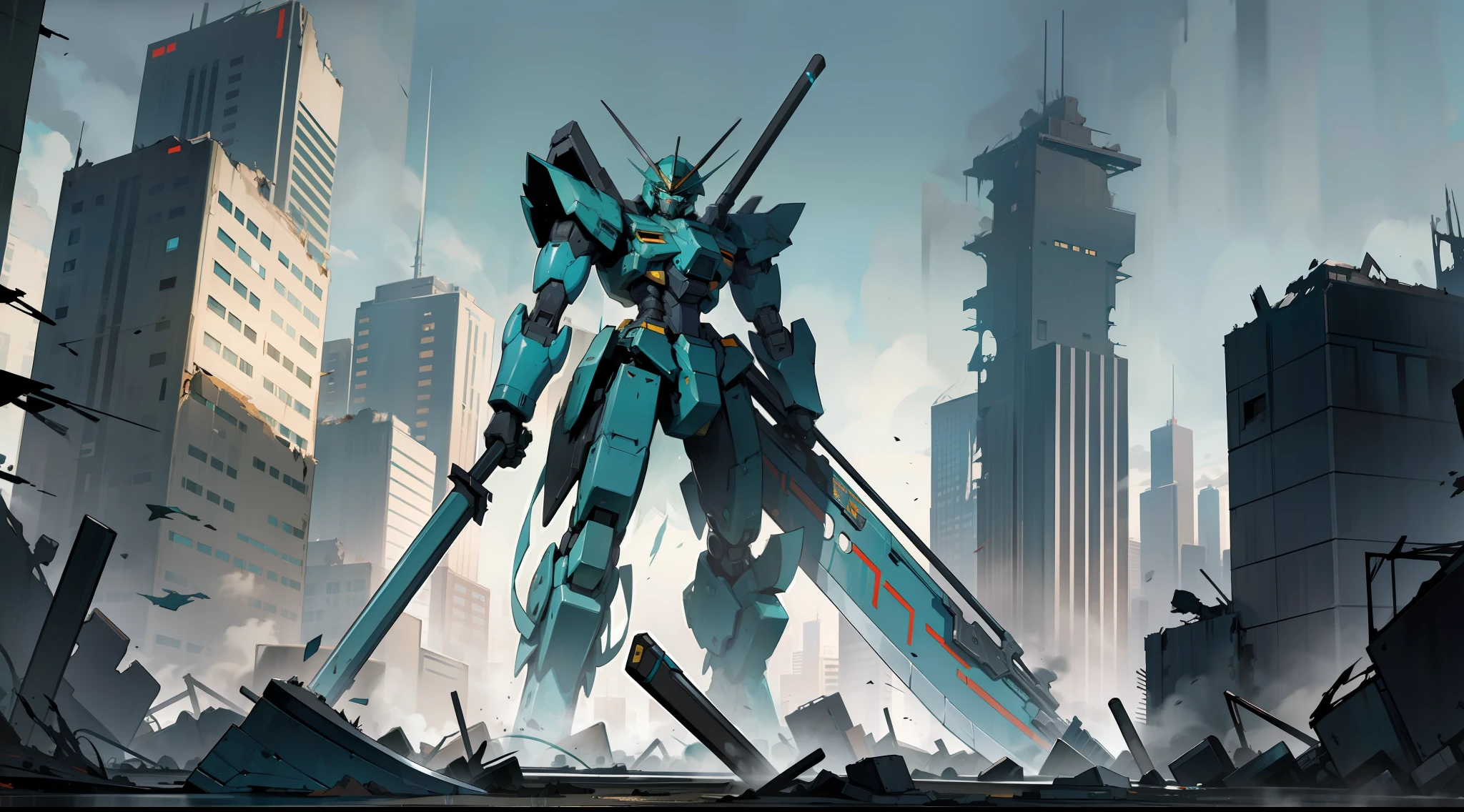 a dark teal and black mecha giant robot with a scythe, standing, in a destroyed metropolis