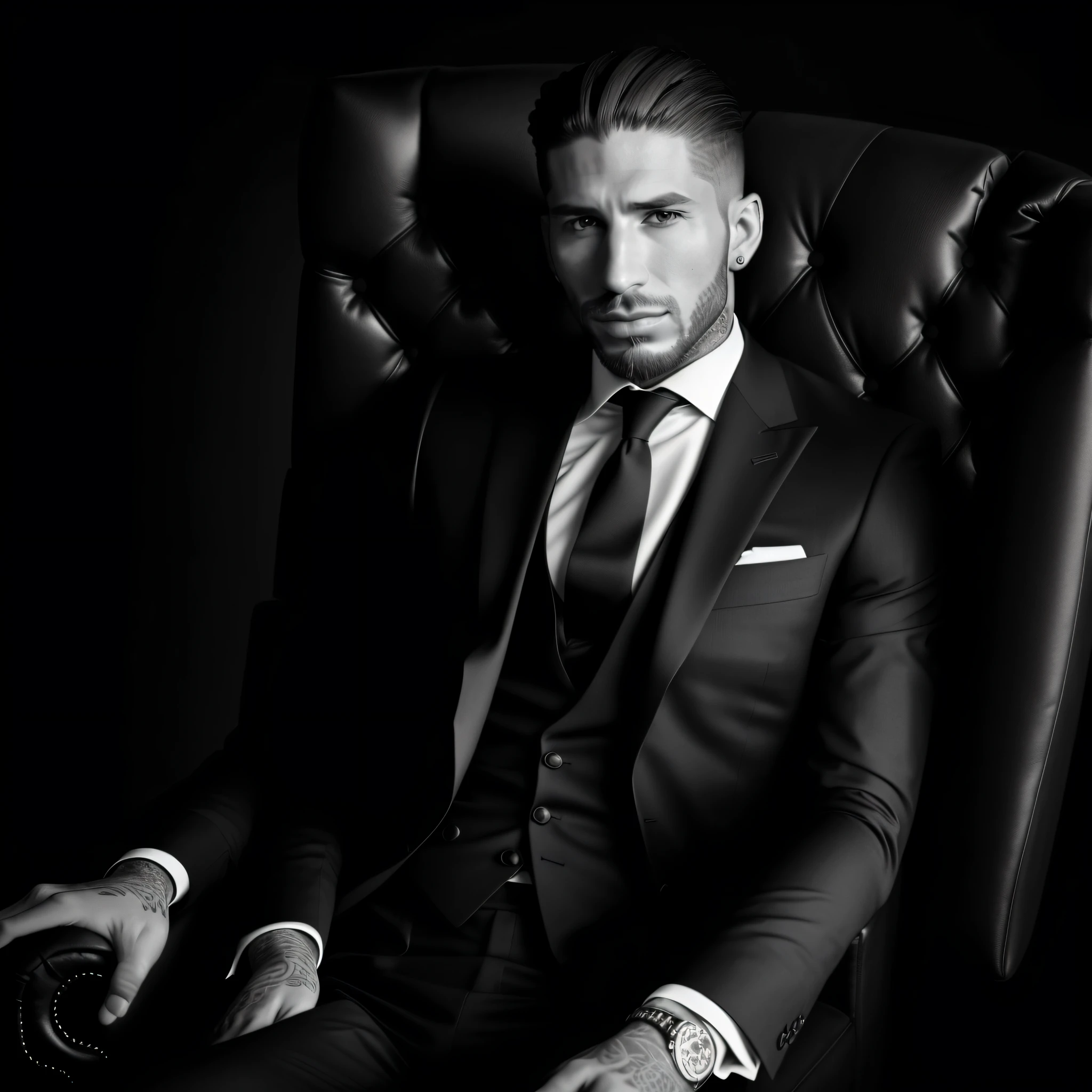 A professional photographic image of Sergio Ramos sitting comfortably in the armchair, wearing a sophisticated dark suit, looking directly at the camera, highlighting his expressive face and his elegance, black and white photography, medium format camera, 105mm portrait lens, --air 4:3 --v 5