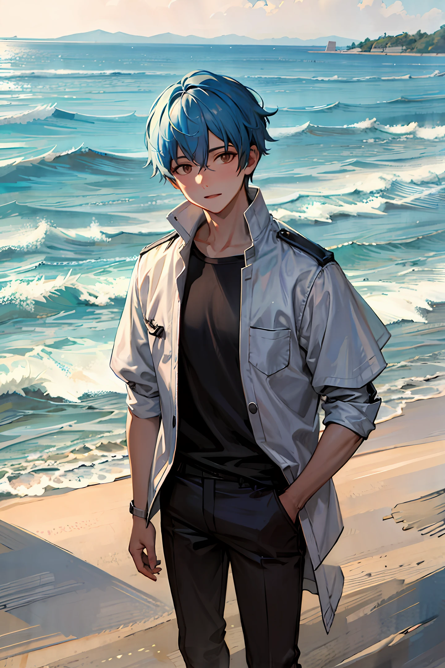 Blue hair, black suit, red shirt, hands in pockets, boy,
