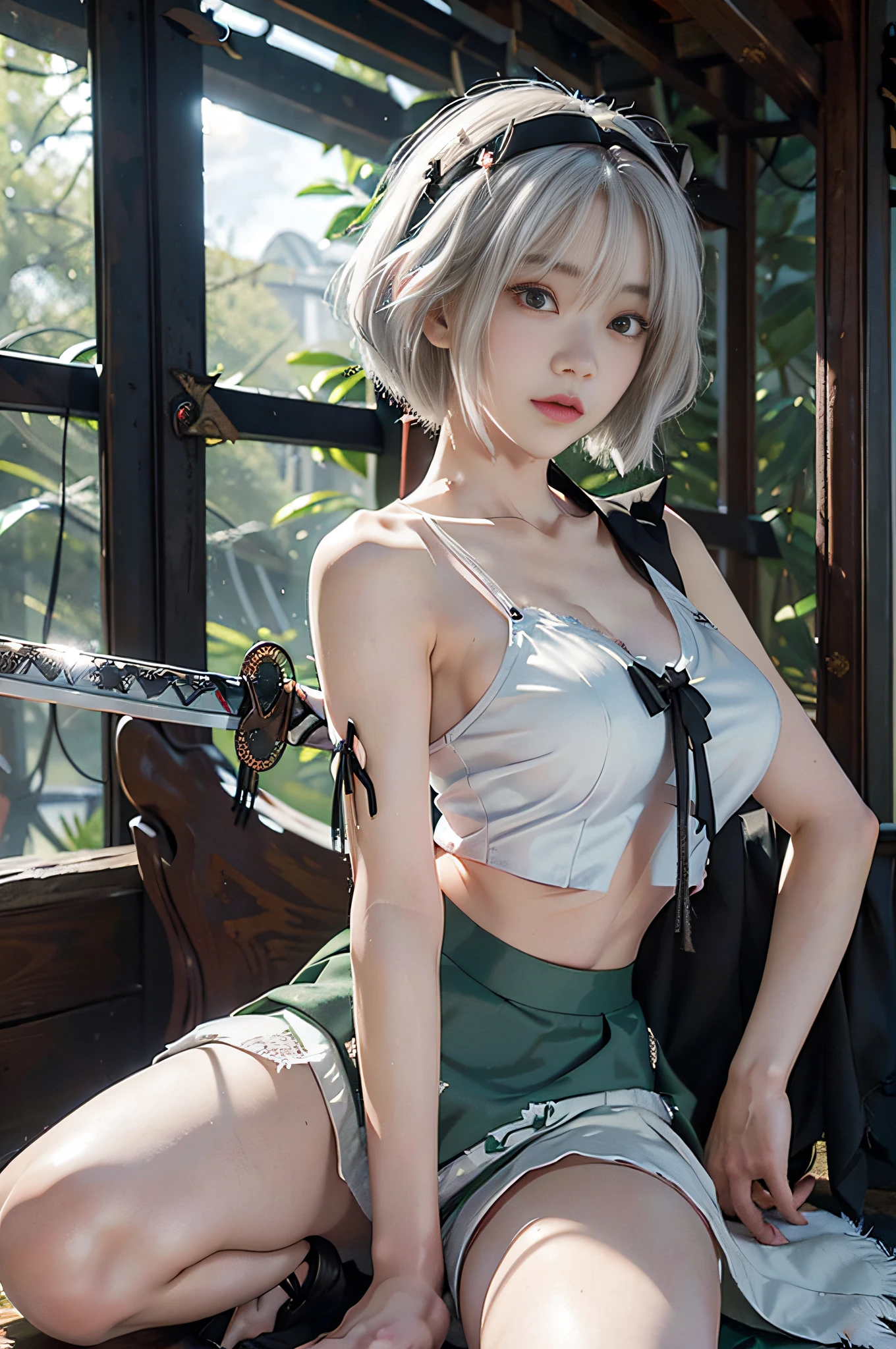 ((Konpaku Yomu)), ((Touhou Project)), Cosplay, ((White hair)), ((Short bob hair)), ((Black ribbon)), ((White camisole)), (((Dark green skirt)), Middle breast, (Light clothing)))), (Pause))), (Japanese-style room))), Full body, Slim body, Slim girl model, 18-year-old female model, Devil's Smile, ((((Japan sword)))