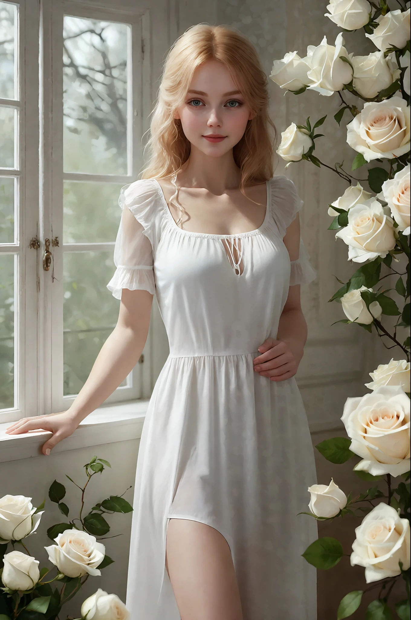 A Russian girl surrounded by white roses, and the sunlight is streaming through the window, creating a warm and inviting atmosphere.
She is wearing her wet nightgown
realistic, best quality, photo-realistic 8k, (best quality:1.1), masterpiece, (realistic:1.1), photo-realistic