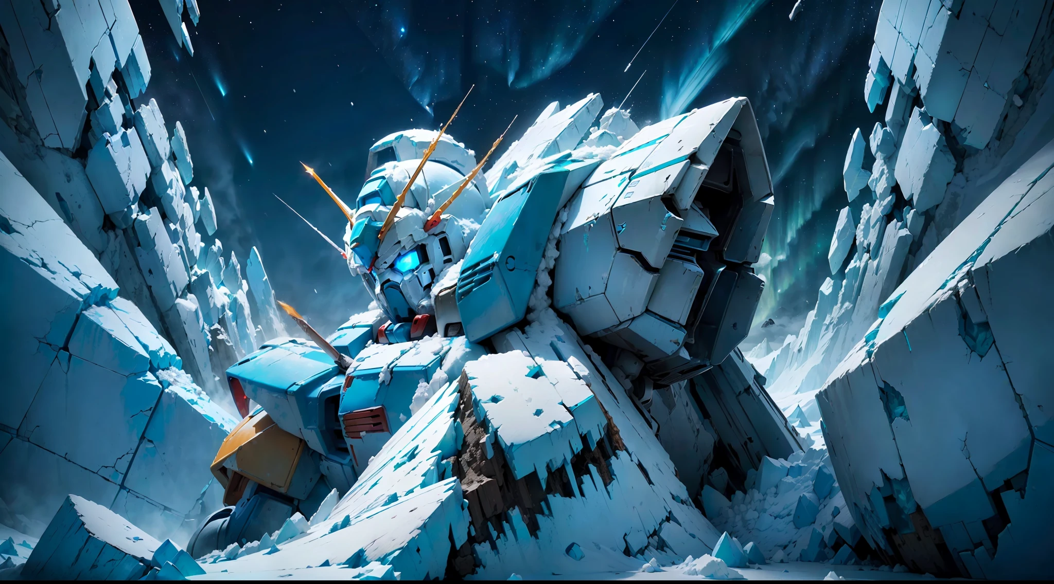 ((((Super Huge Blue and White Cool Gundam)))), (((Rusty)), (((Looking Up))), Blue Tones, Night, (Aurora), (Meteor), ((Sublime Glacier)), Broken Ice Wall Covered with Ice and Snow, Condensed Huge Ice Picks, Blizzards, Hail, Ice and Snow Covering Everything, Huge Footprints, Dark Clouds, Eerie Horror, Rich Cold Breath, Cracked Ice, Floating Ice, Rusty, Uneven Road, Potholes, Turquoise and White Rock Material, Full Body View, Condensed ice pick, a warrior hunting, huge cracks in the stone wall, crushed ice, gloomy, super fine face, (((close-up))), ((depth of field)), master work, super fine, high quality, 16k resolution, cinematic lighting