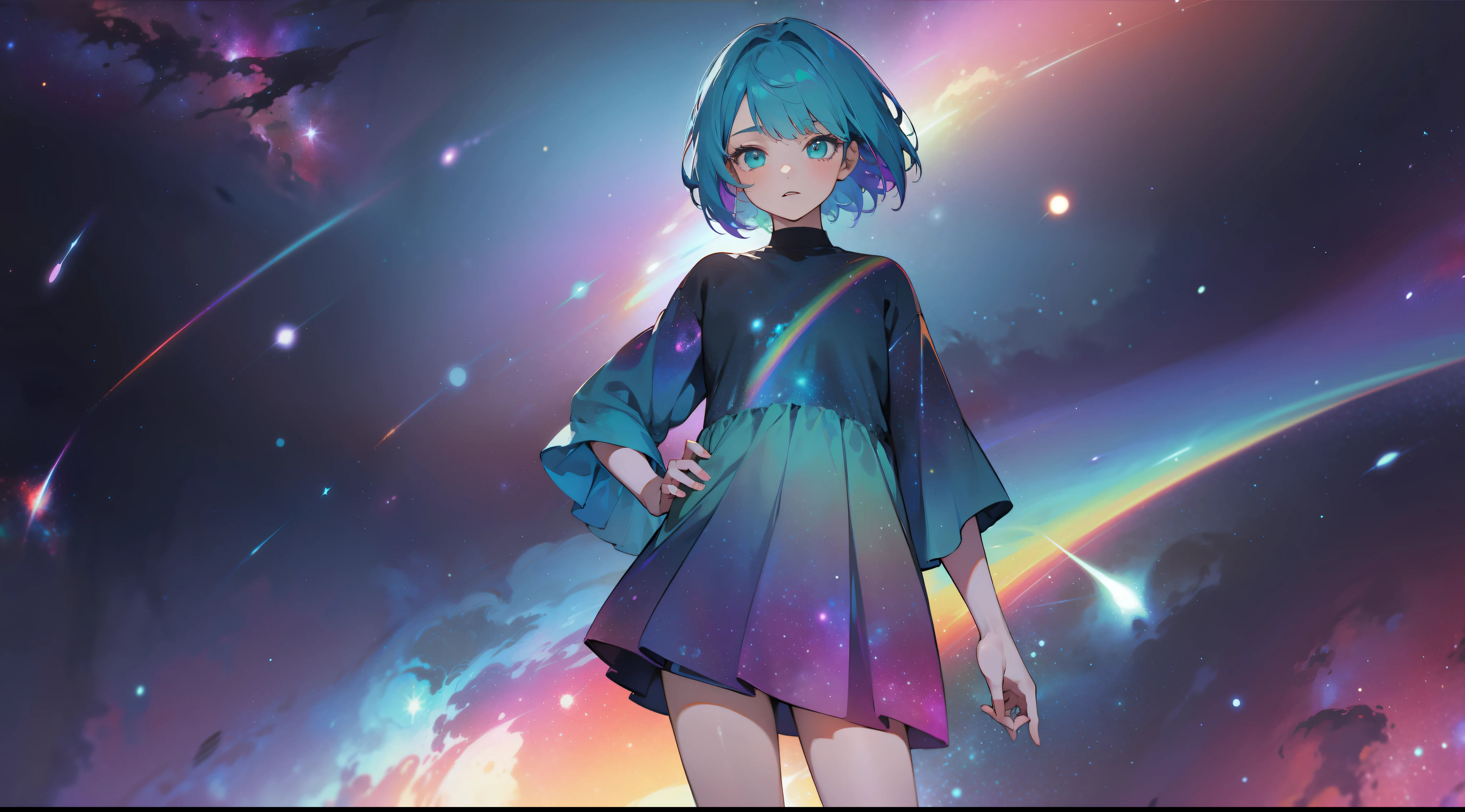 a girl, wildly rainbow colored short hair, dark fantasy, teal simple and short dress, barefoot, standing, cosmic nebula background, stars, galaxies