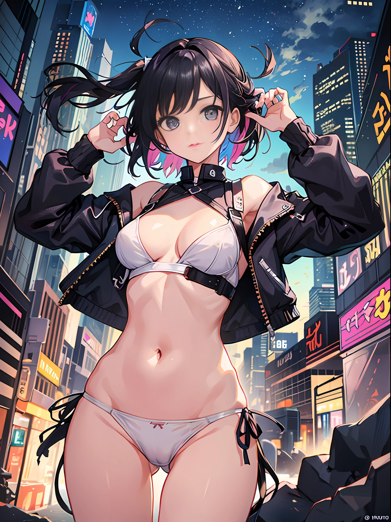 One girl, clothes full of holes, ripped clothes, white panties, dynamic pose, colorful cityscape, whole body