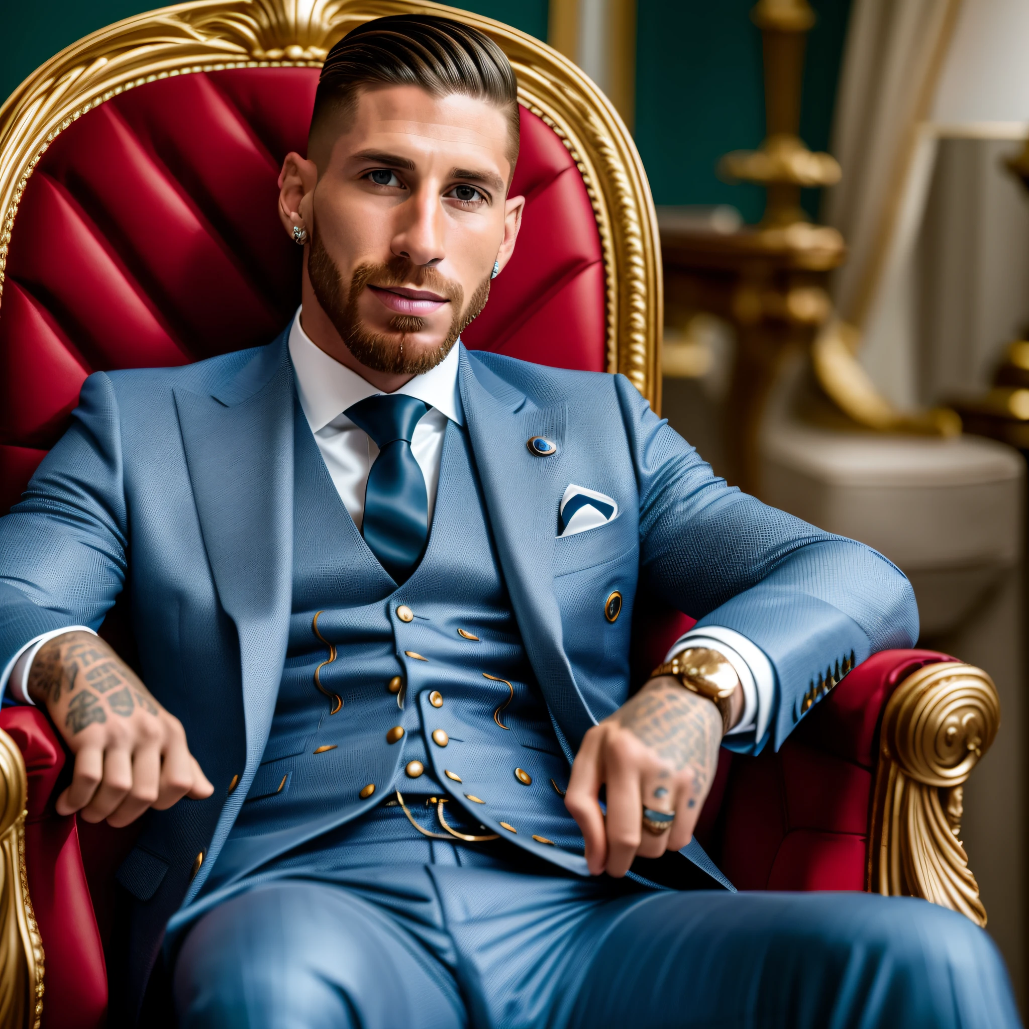 A professional photo of Sergio Ramos sitting in the armchair, wearing an impeccable couture suit, with his gaze fixed on the camera, sharp focus on his face and the details of the suit, capturing his magnetic presence and impeccable style, photography, mirrorless camera, 50mm lens, --air 16:9 --v 5