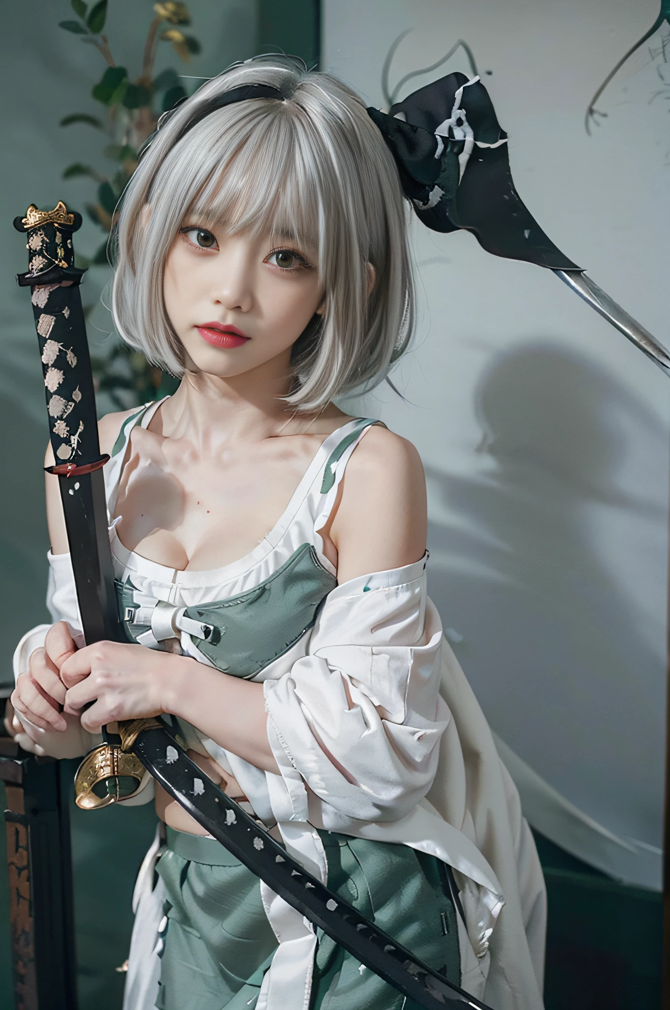 ((Konpaku Yomu)), ((Touhou Project)), Cosplay, ((White hair)), ((Short bob hair)), ((Black ribbon)), ((White camisole)), (((Dark green skirt)), Middle breast, (Light clothing)))), (Pause))), (Japanese-style room))), Full body, Slim body, Slim girl model, 18-year-old female model, Devil's Smile, ((((Japan sword)))