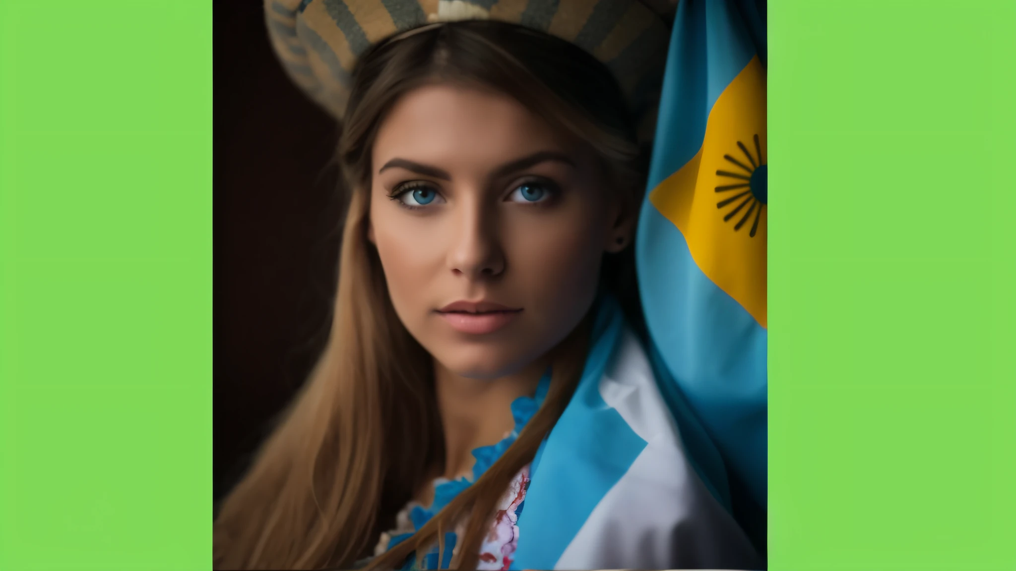 Create a similar photo, with a beautiful Argentine woman, half blonde and with lovely blue eyes. Very high resolution.