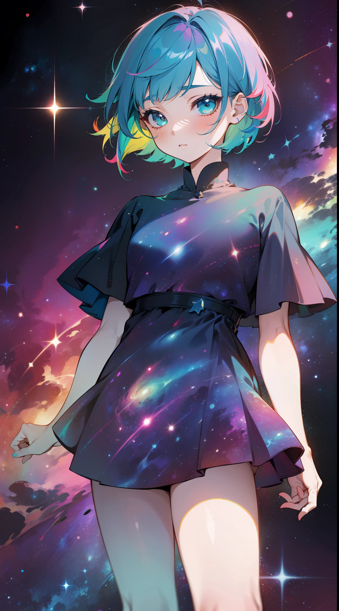 a girl, wildly rainbow colored short hair, dark fantasy, teal simple and short dress, barefoot, standing, cosmic nebula background, stars, galaxies