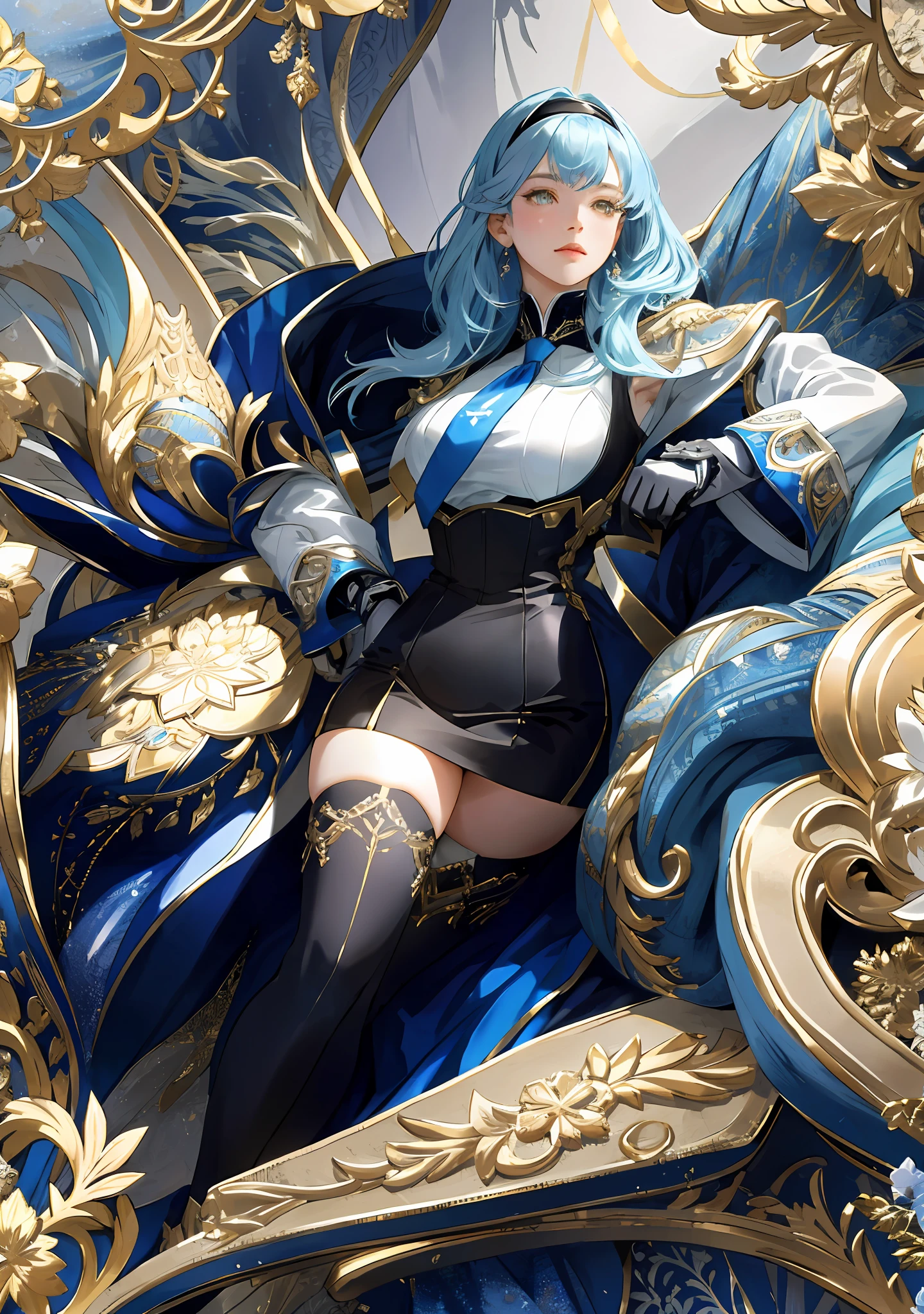 masterpiece, super detail, high quality, high resolution, high detail, face detail, ((masterpiece, best quality)), (1girl),((mature female)), lightblue hair,thighhighs, hairband, thighs, long sleeves, gloves, bangs, dark golden yellow eyes,  leotard, hair ornament, black hairband, black thighhighs, blue necktie, (large breasts:1.2), (busty),armpits, tying hair,curvy,cleavage,confident, [wide hips], royal background, short light blue hair, both hands down, hands on hips