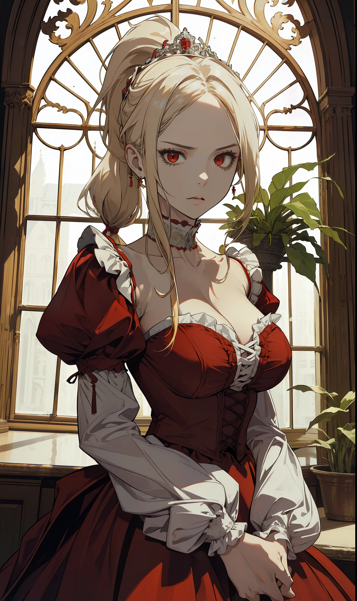 (Masterpiece, Best Quality, High Quality, Highres:1.4), Detailed, Extremely Detailed, Ambient Soft Lighting, 4K, Ornate,

Indoors, (Renaissance, Vintage:1.4), Plants, Window,

1Gril, (Solo:1.4), (Milf:1.2), Standing, Upper Body, (Face Focus:1.2),

(Extremely Detailed Hair:1.2), Blonde Hair, Long Hair, Long Sidelocks, Bangs, (Hair Intakes, High Ponytail:1.4),

Expressionless, Emotionless, (Red Eyes, Glaring, Contempt, Disgust, Looking at Viewer:1.2),

Curvy, Huge Breasts, Skindentation, (Bursting Breasts:1.2), 

(Tiara:1.2), Crown, (Cleavage, Strapless, Red Dress, Frilled Dress, Long Skirt, Puffy Skirt, Puffy Sleeves, Juliet Sleeves, Long Sleeves:1.2), Jewelry,