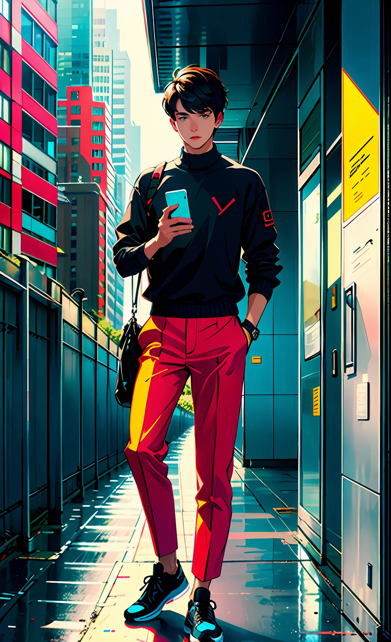 On a street in a modern city, a confident and stylish young man stands at the top of a high-rise building, his feet firmly on the glass curtain wall. Dressed in fashionable clothing, holding a mobile phone, his gaze is confident and energetic.
[3] = The urban environment is full of modern and busy atmosphere, with high-rise buildings and constant traffic, creating a vibrant and creative scene.
[4] = The young man's face is full of confidence and adventurous spirit, revealing an attitude of pursuing dreams and breaking the rules. His presence is uplifting and motivating.
[5] = Photography, using bright colors and clear details to express the modernity of the city and the vitality of young people.
[6] = Use professional photographic equipment and appropriate photographic techniques to achieve photographic results. Use bright colors to highlight the modernity of the city and the vitality of young people. Enhance the realism and vividness of the picture by capturing clear details.