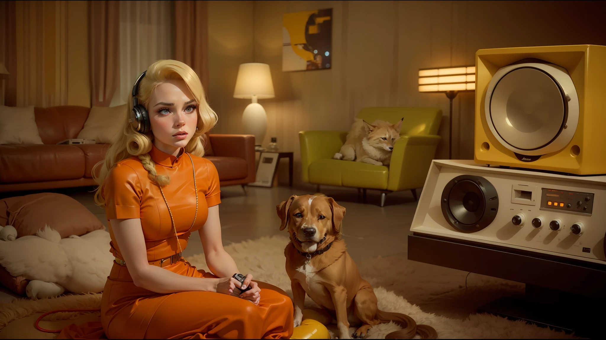 arafed woman sitting on the floor with a dog next to a television, retrofuturistic depressing, tilt and orange, video still, mad men, rendering of beauty pageant, ffffound, sixties, still frame from a movie, subwoofer, blonde women, insanely compelling, golden computers, suburbia, anthropomorphized chicken, modernist headphones --auto --s2