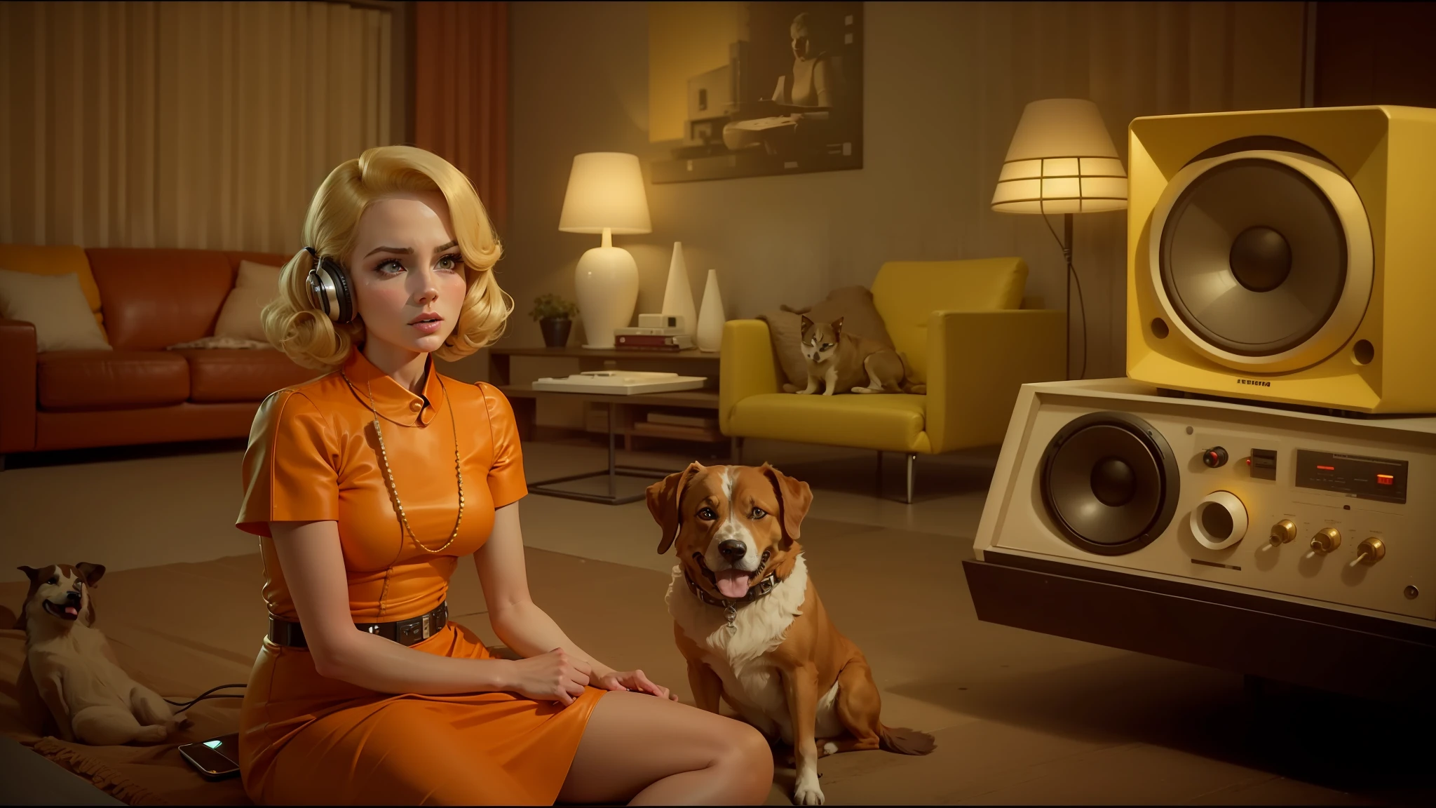 arafed woman sitting on the floor with a dog next to a television, retrofuturistic depressing, tilt and orange, video still, mad men, rendering of beauty pageant, ffffound, sixties, still frame from a movie, subwoofer, blonde women, insanely compelling, golden computers, suburbia, anthropomorphized chicken, modernist headphones --auto --s2