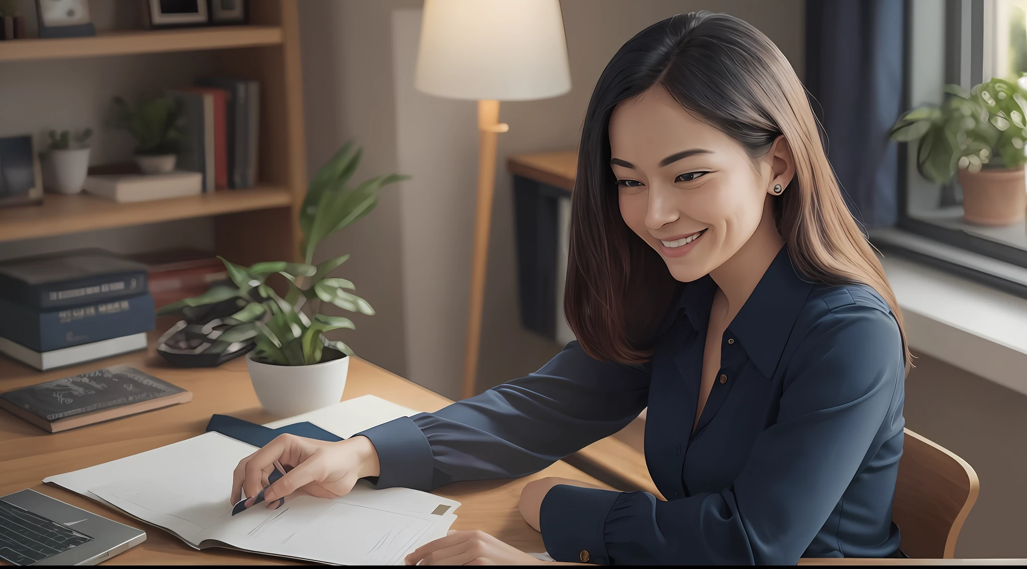 Desk at home, sitting, facing forward, working with laptop, one woman closeup, 35mm masterpiece, dark blue blouse, smiling, cute --auto --s2