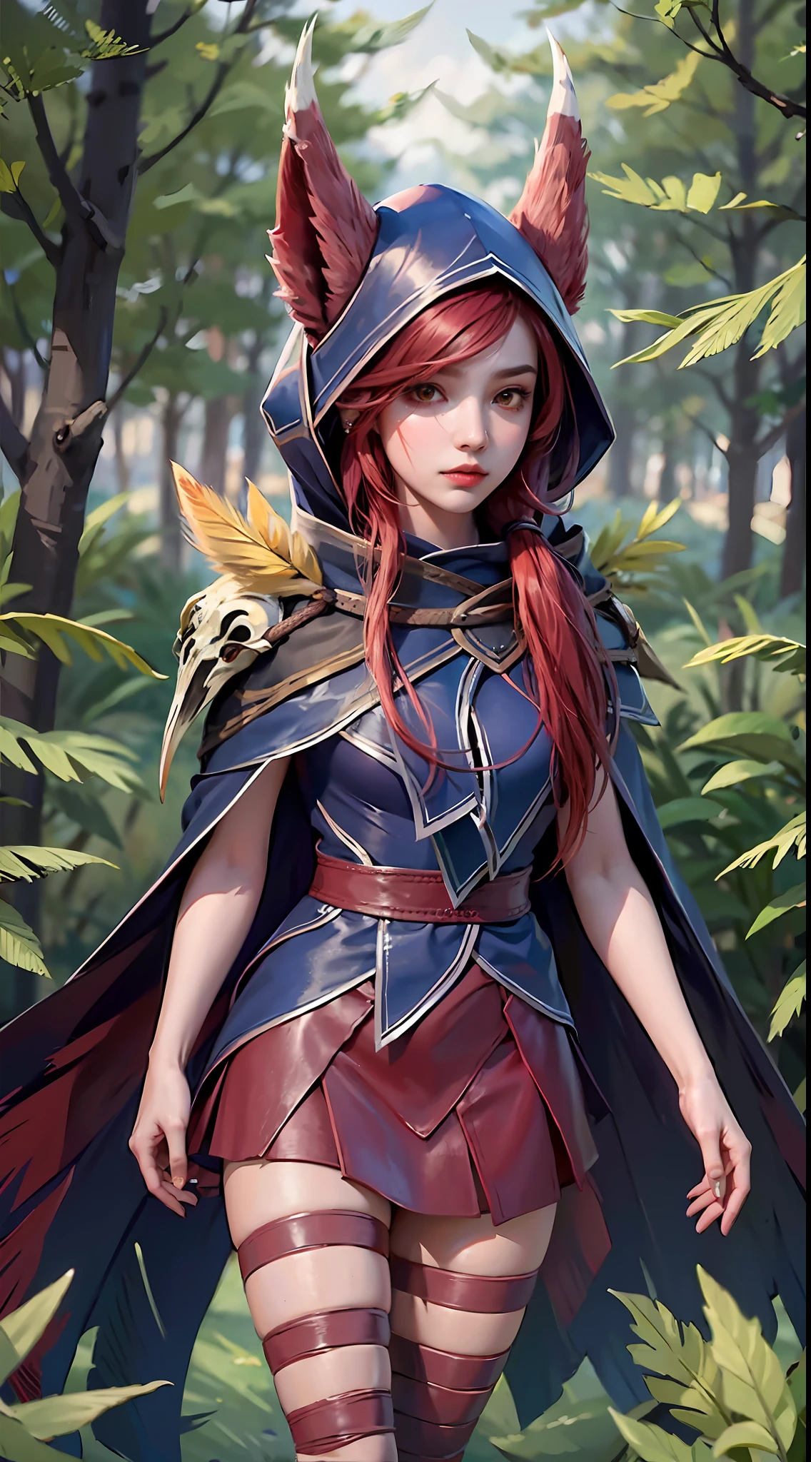 grass, sky, field, league of legends, 1girl, animal ears, bandage legs, long legs, bandage, bandage, bird's legs, bird skull, cape, shut up, ears through headdress, eyes visible through hair, facial markings, feathers, hood, hooded cape, long hair, yellow eyes, red hair, armour, blue shawl, shawl, shawl, shawl, shawl long hair, hooded shawl, red dress, dress, nose ring, nostrils