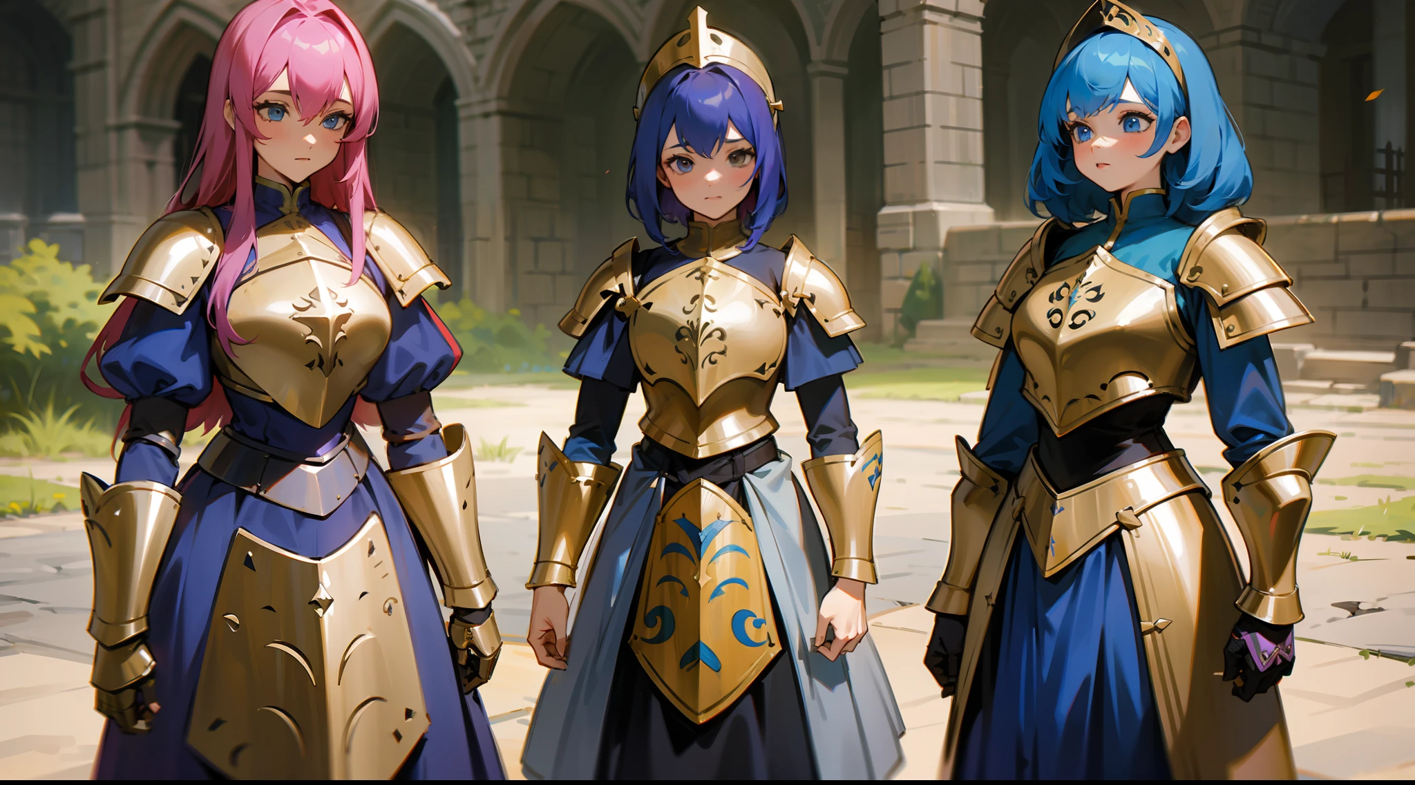 a group of women with colored hair and detailed medieval paladin dress armor, standing