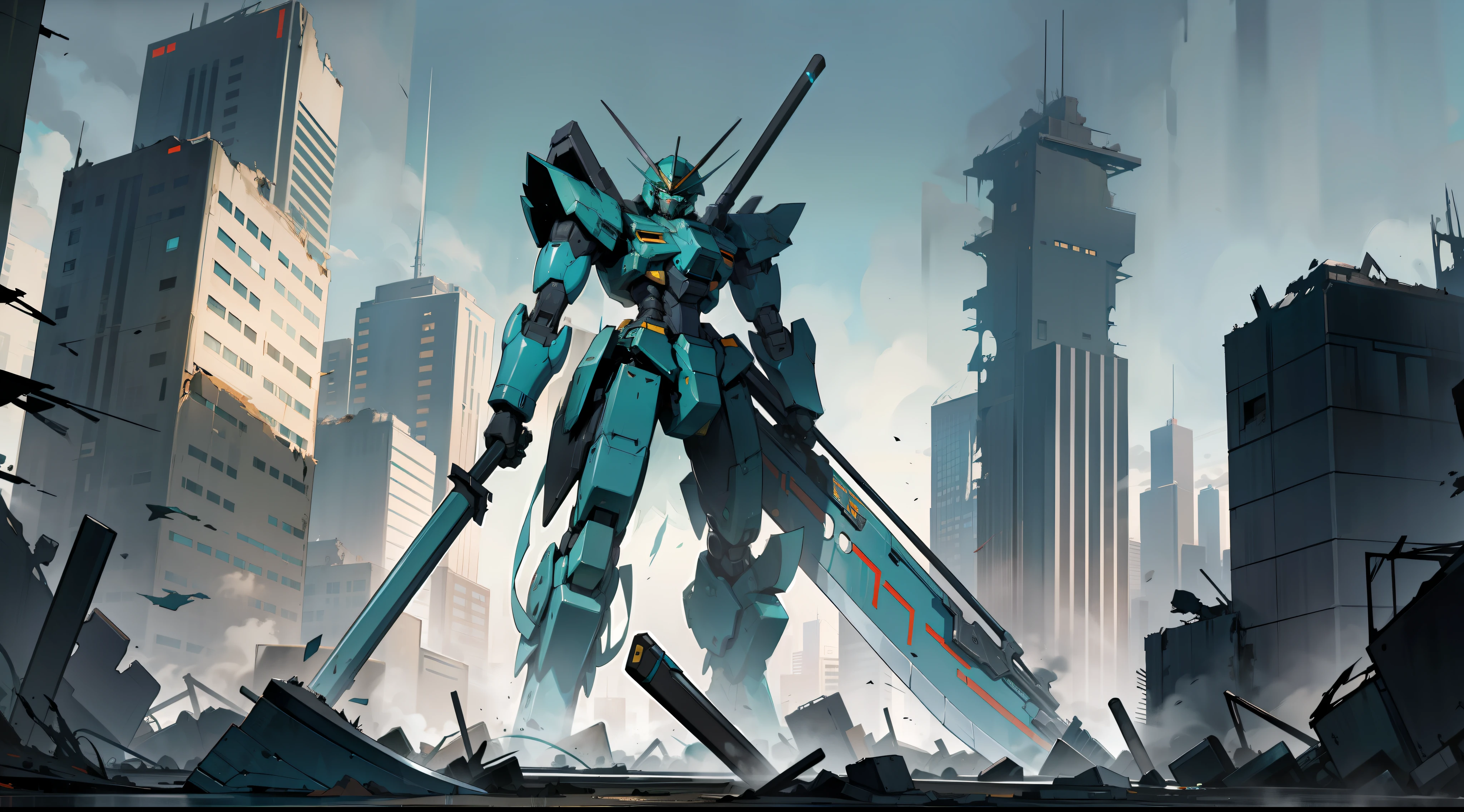 a dark teal and black mecha giant robot with a scythe, standing, in a destroyed metropolis