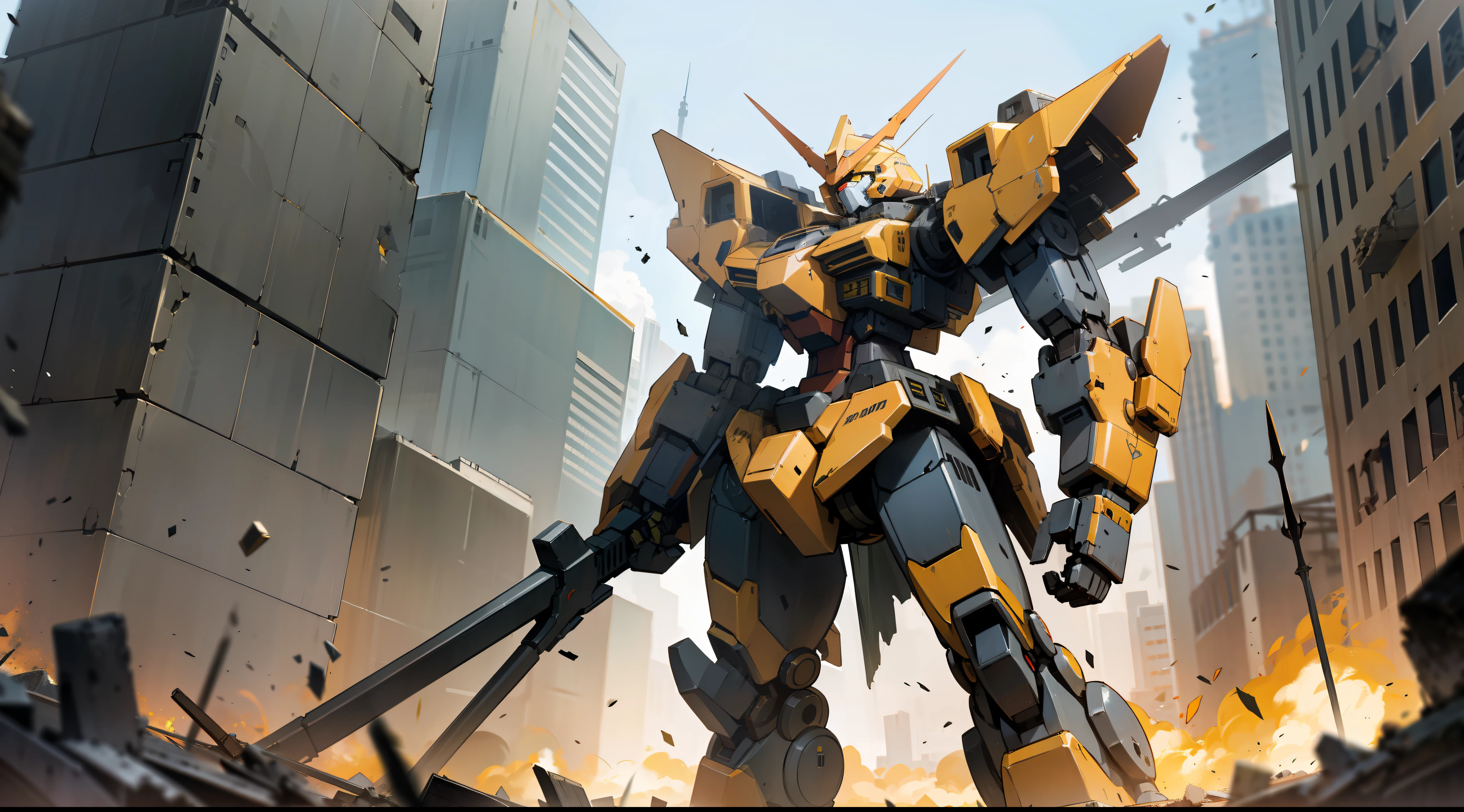 a dark yellow mecha giant robot with a spear, standing, in a destroyed metropolis