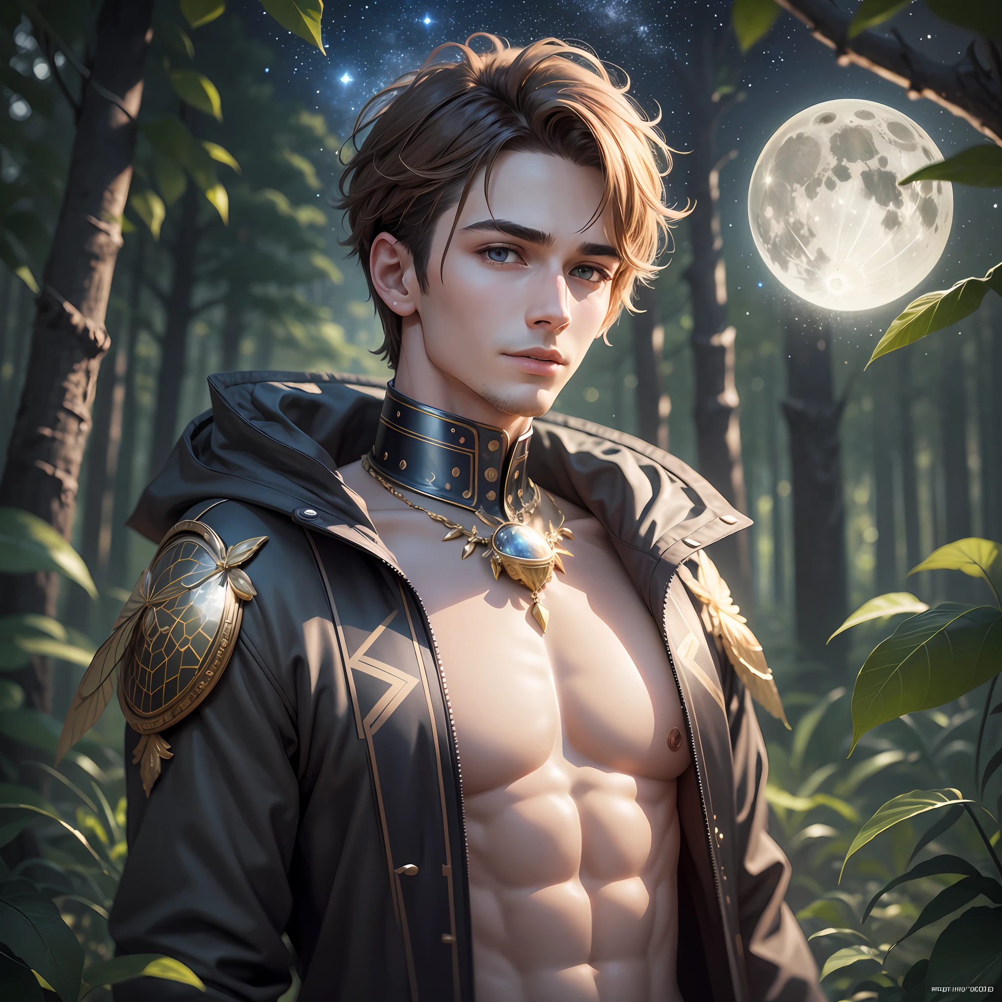 Prompts; Beautiful male of 20 years old, wearing like a bee, and like a man of 1899, on the Forest, ultra detailed face, Bee hed, perfect body with musels, stars and full moon backgrounder, extraterrestrial, Cosmic, galactic, ultra detailed, masterpiece, photorealistic, perfect contrast, perfect lighting, 8k resolutions --auto --s2