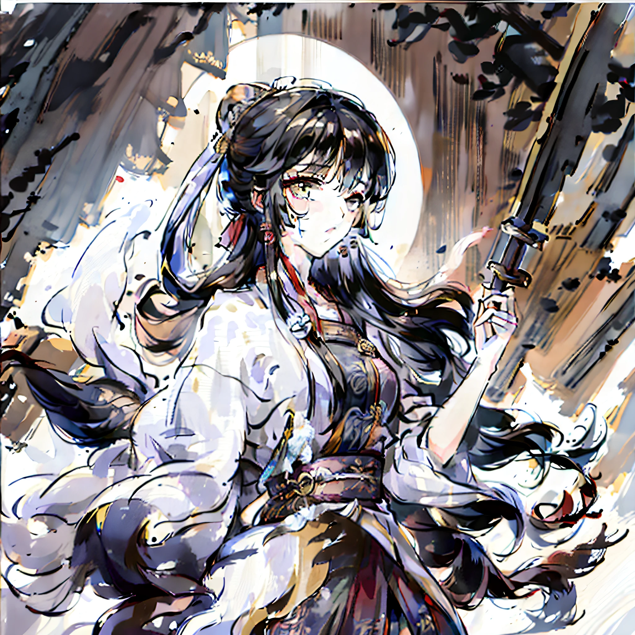 Antique Style Chivalry Chinese Style Beautiful woman in white gauze Hanfu holding a sword fighting Ink style Hanfu Chinese painting ink style